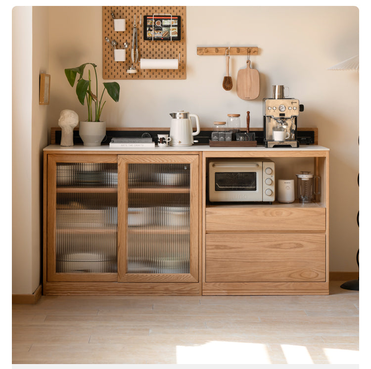 Solid Oak Wood Sideboard Buffet Cabinet - Multi-Functional Storage Locker with Drawers & Shelves for Dining Room, Living Room, and Entryway Organization