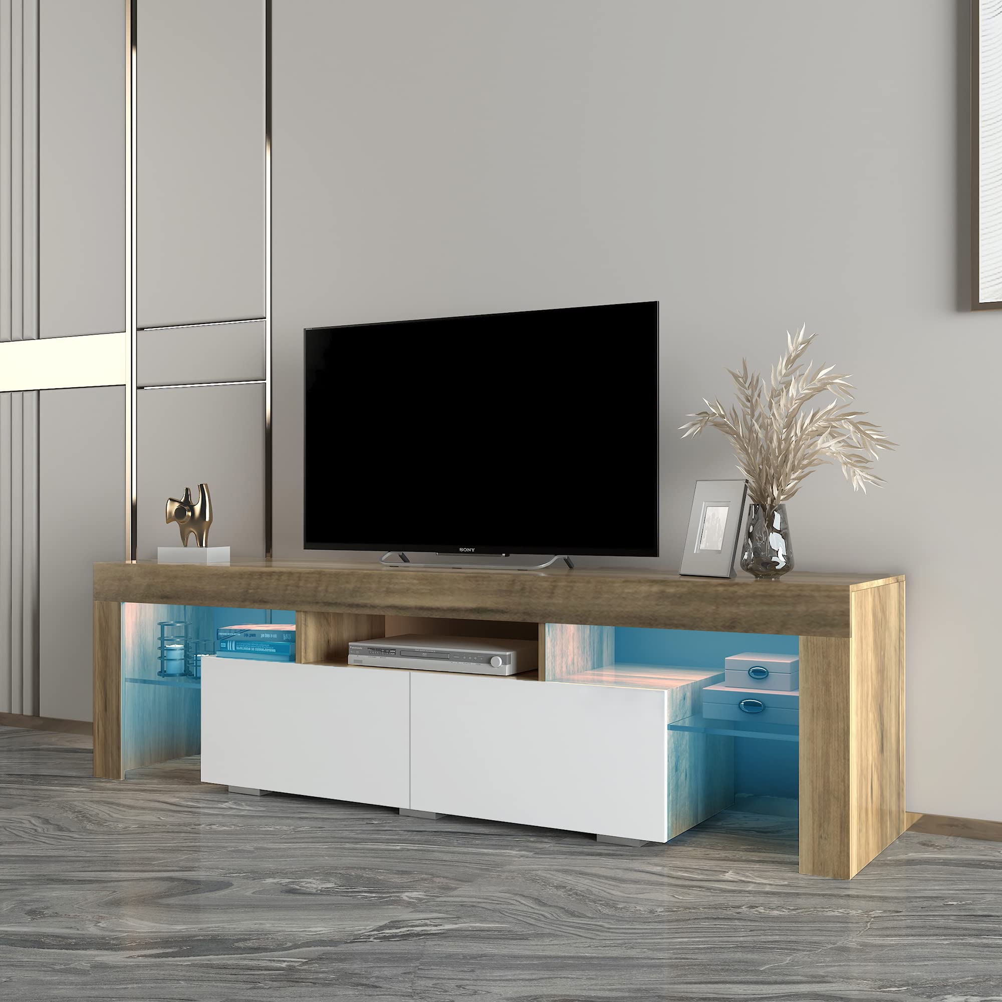 Modern TV Stand Cabinet for Living Room - Gray Walnut & White Finish, Perfect for Flat Screen TVs, Gaming Consoles & Media Storage