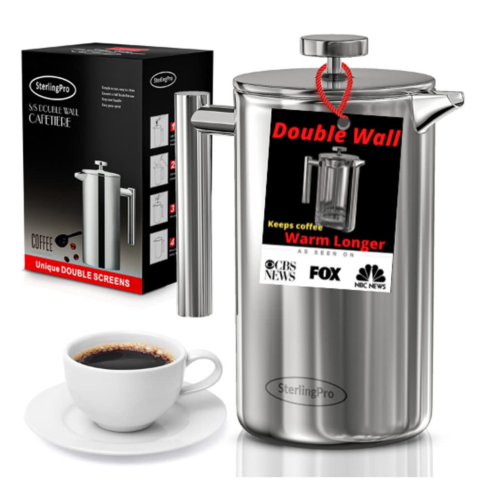 Premium Stainless Steel French Press Coffee Maker (1.75L) - Double Walled Large Coffee Press with 2 Free Filters - Enjoy Granule-Free Coffee - Rust Free Kitchen Accessory - Perfect for Home, Office & Camping Use