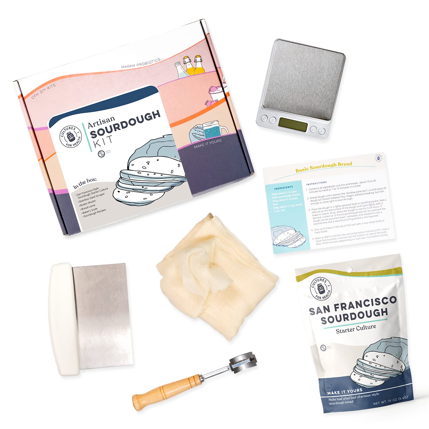 Artisan Bread Making Kit with San Francisco Sourdough Starter | 5-Piece DIY Baking Set Includes Baker's Scale, Bread Lame, Dough Scraper & Butter Muslin | Sourdough Bread Baking Supplies for Home Bakers | Perfect for Beginners & Bread Enthusiasts