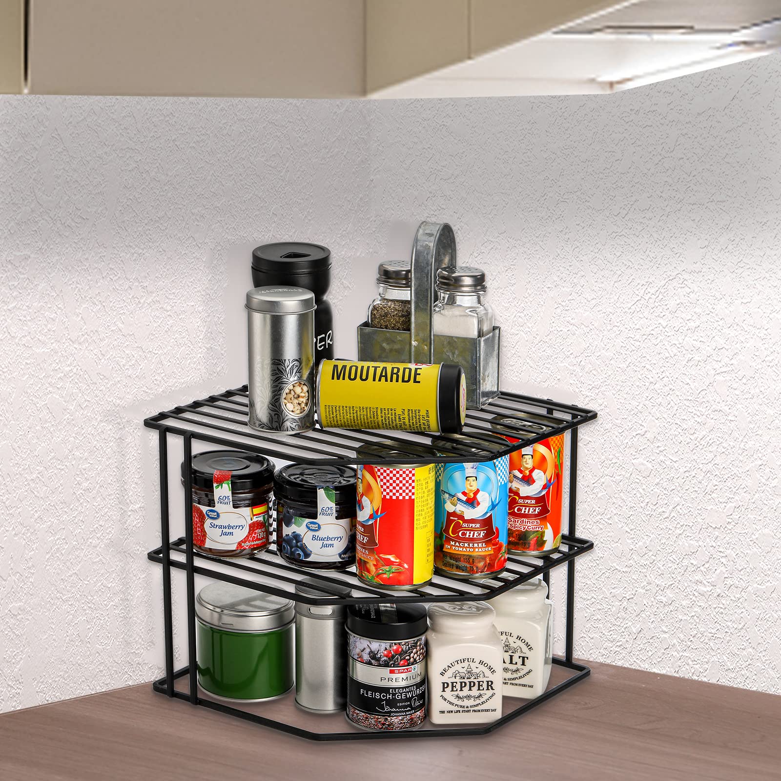 3-Tier Metal Wire Kitchen Corner Shelf Organizer - 9x9x7.5 Inch Counter & Cabinet Storage Rack for Plates, Cups, Dishes - Space Saving Pantry Solution for Small Kitchens, Bathrooms & Dorm Rooms