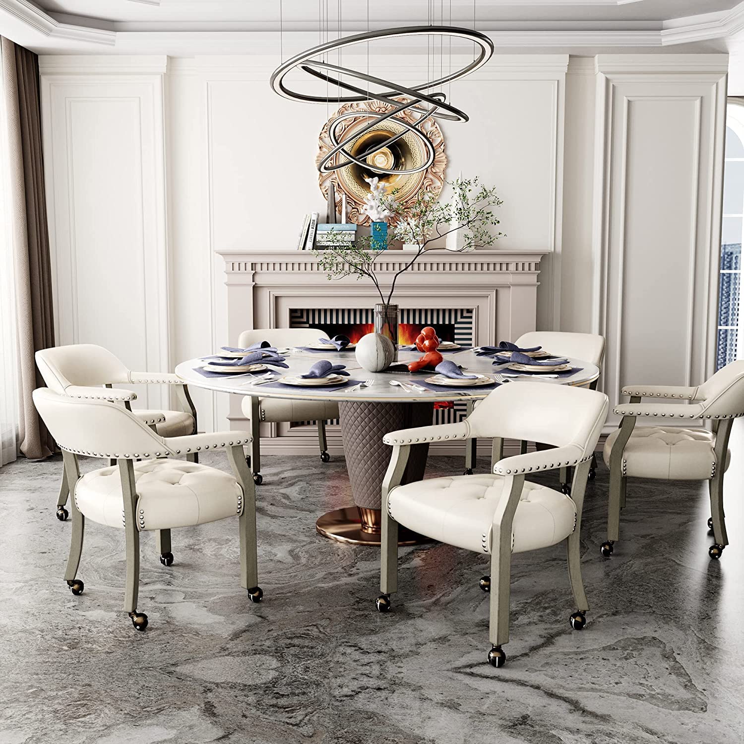 White High Back Dining Chair with Casters - Rolling Kitchen & Poker Table Chair, Adjustable Captain's Chair for Dinette Sets | Perfect for Home Kitchen, Office, and Game Rooms