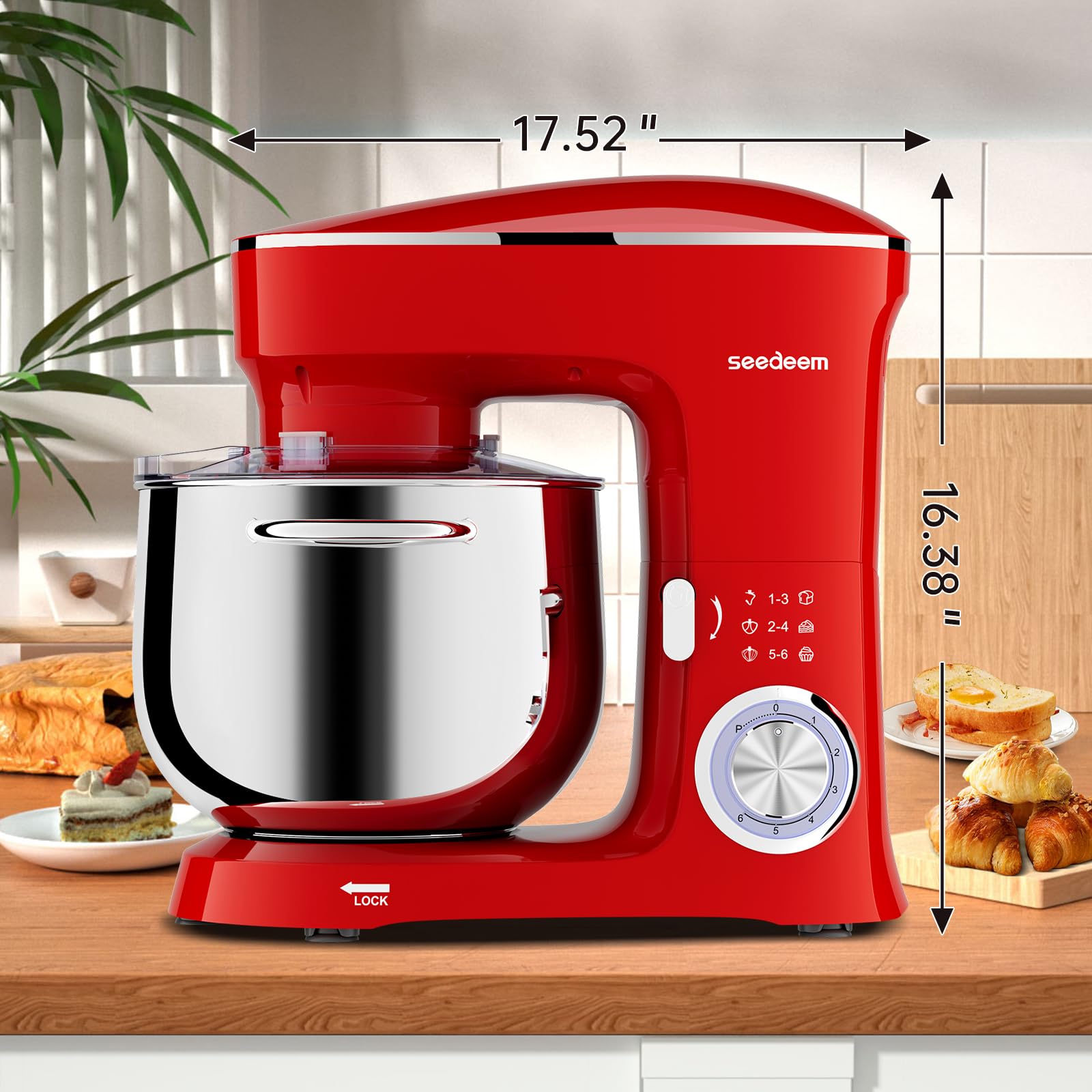 SEEDEEM 8.5 Qt Stand Mixer - 660W Powerful 6-Speed Tilt-Head Electric Kitchen Mixer with Dishwasher-Safe Dough Hook, Wire Whip & Beater - Perfect for Baking Bread, Cookies, Cakes & More - Red