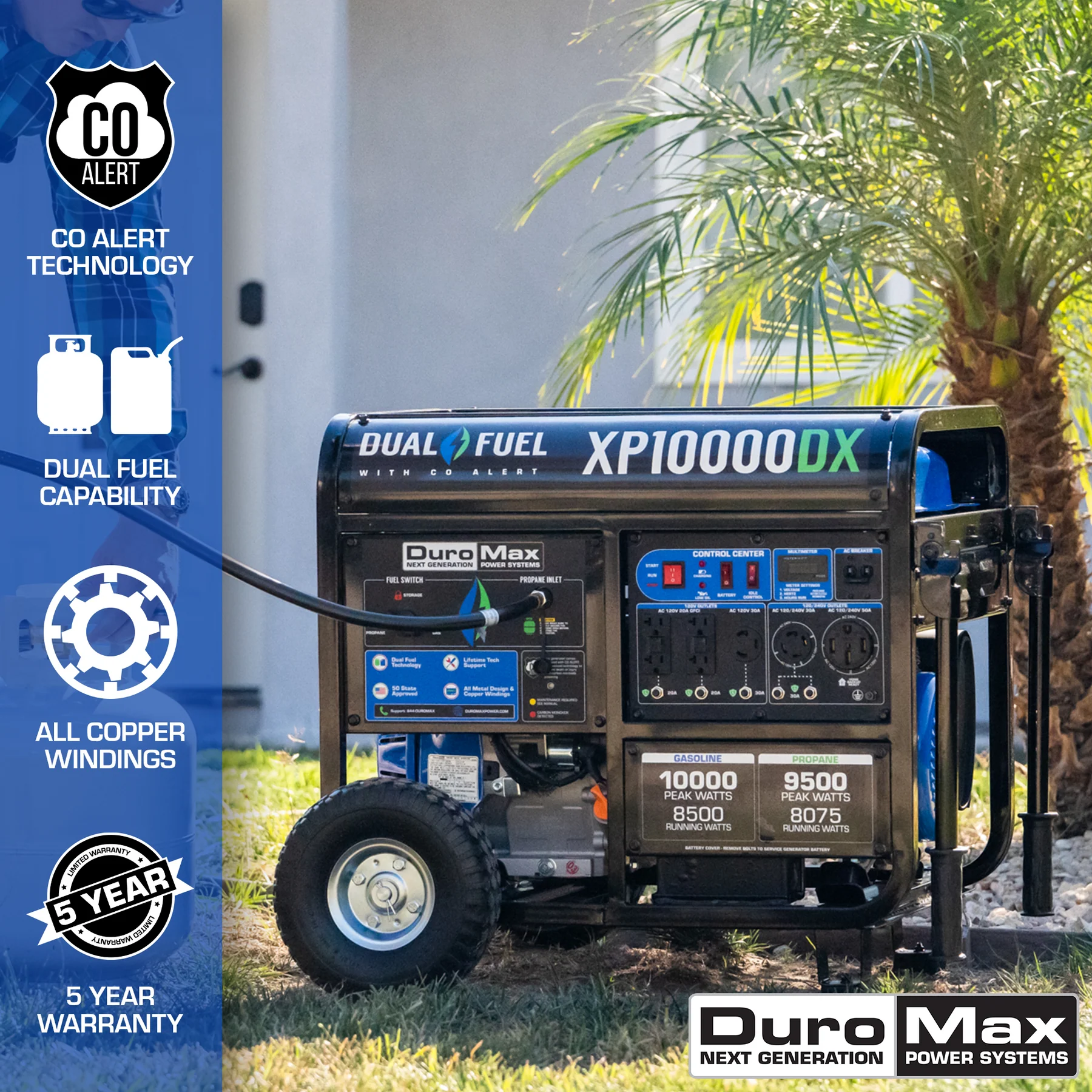 DuroMax XP10000DX 8500W/10000W Dual Fuel Portable Generator - Gas & Propane Powered with Electric Start & CO Alert - Perfect for Home Backup Power, Camping & Emergency Use