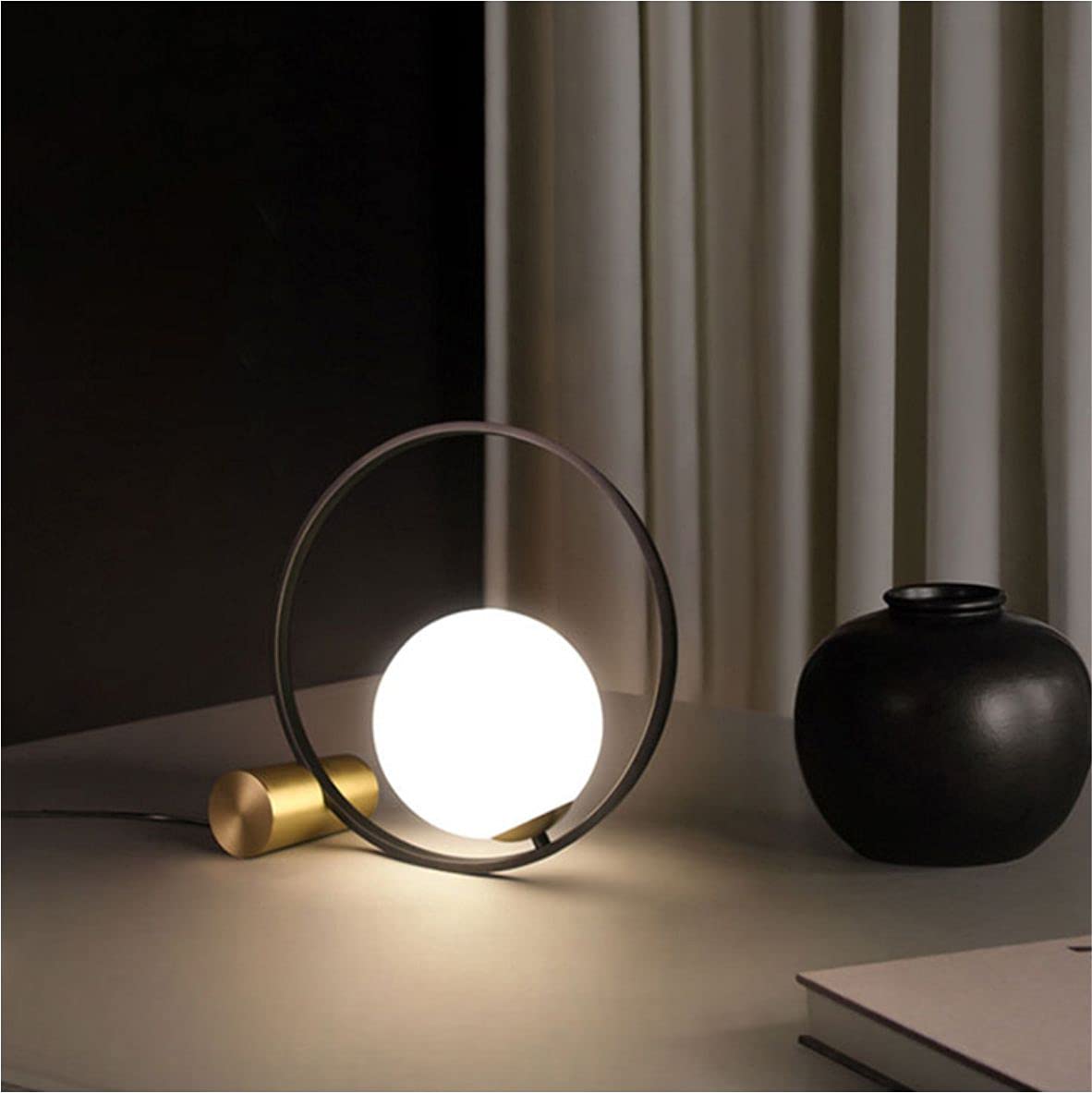 Vintage Black Metal Globe Table Lamp - Mid Century Modern Nightstand Lighting for Bedroom, Living Room & Office - Large Glass Shade Desk Lamp with Warm Ambient Glow for Cozy Reading & Relaxation
