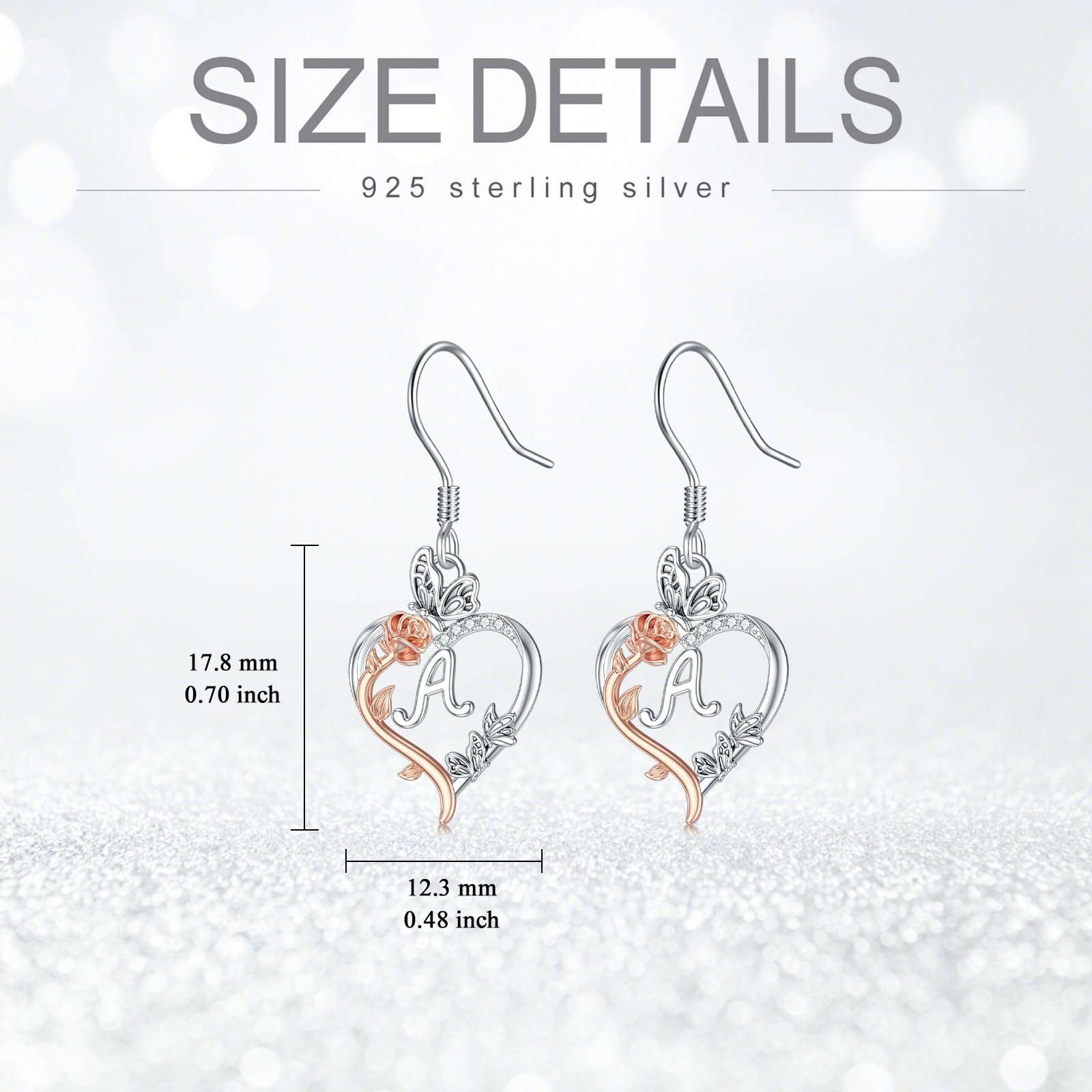 TOUPOP Sterling Silver Rose Heart Initial Earrings with Butterfly Charm - Personalized Birthday Jewelry Gifts for Women, Her, Girlfriend - Perfect for Valentine's Day, Anniversary & Special Occasions