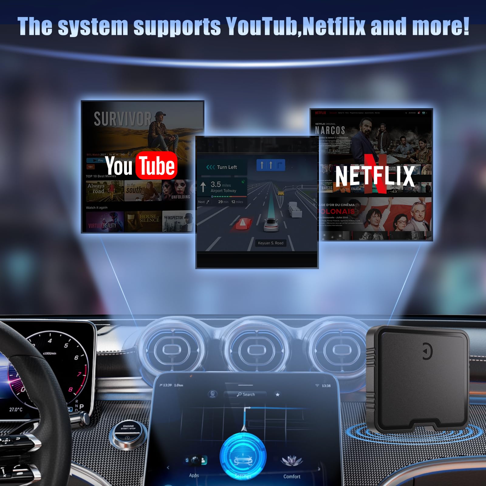 2025 Upgraded Wireless CarPlay Adapter - Plug & Play Apple CarPlay & Android Auto Dongle with Netflix/YouTube Support, TF Card Slot - Compatible with Cars Since 2015 & iPhone iOS10+ - Perfect for Long Road Trips & In-Car Entertainment