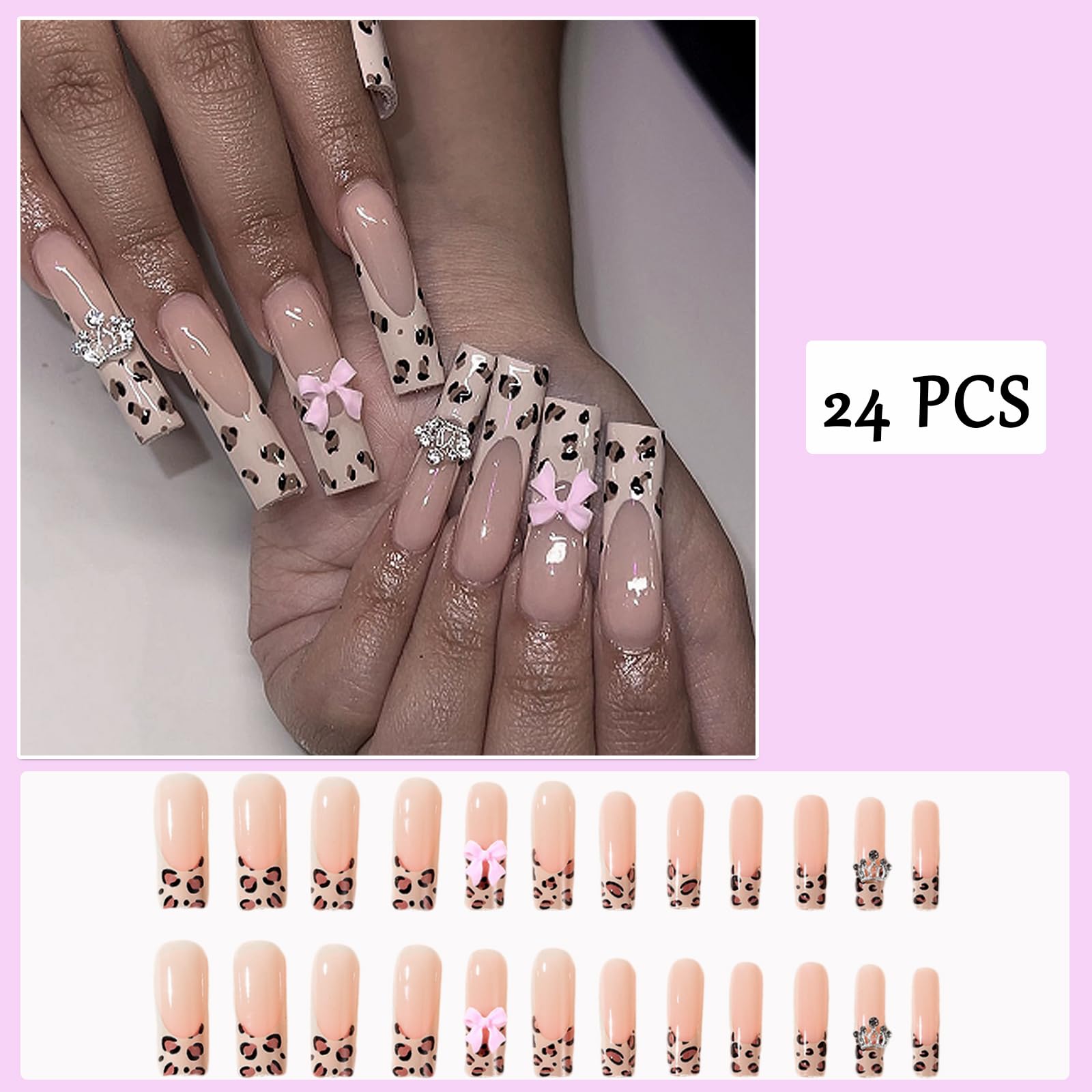 French Tip Leopard Print Press on Nails - Long Coffin Fake Nails with 3D Resin Bow & Rhinestone Designs - Glossy Nude Pink Full Cover Acrylic Stick on Nails for Women - 24Pcs - Perfect for Parties, Weddings & Special Occasions