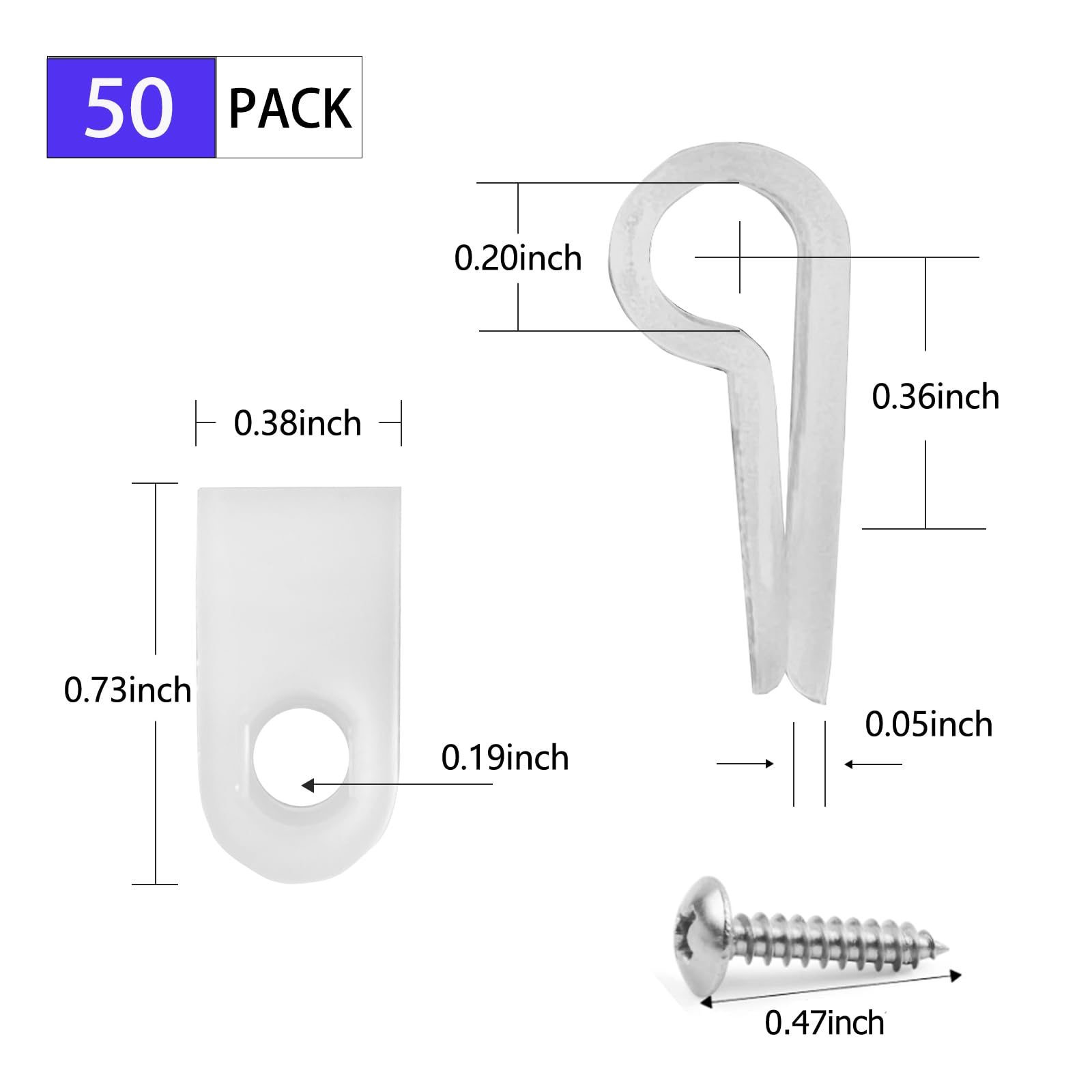 50 Pack 1/5 Inch P-Style Rope Light Clips with Stainless Steel Screws - Outdoor Christmas String Light Mounting Clips for Deck, Patio, Garden & Holiday Decorations