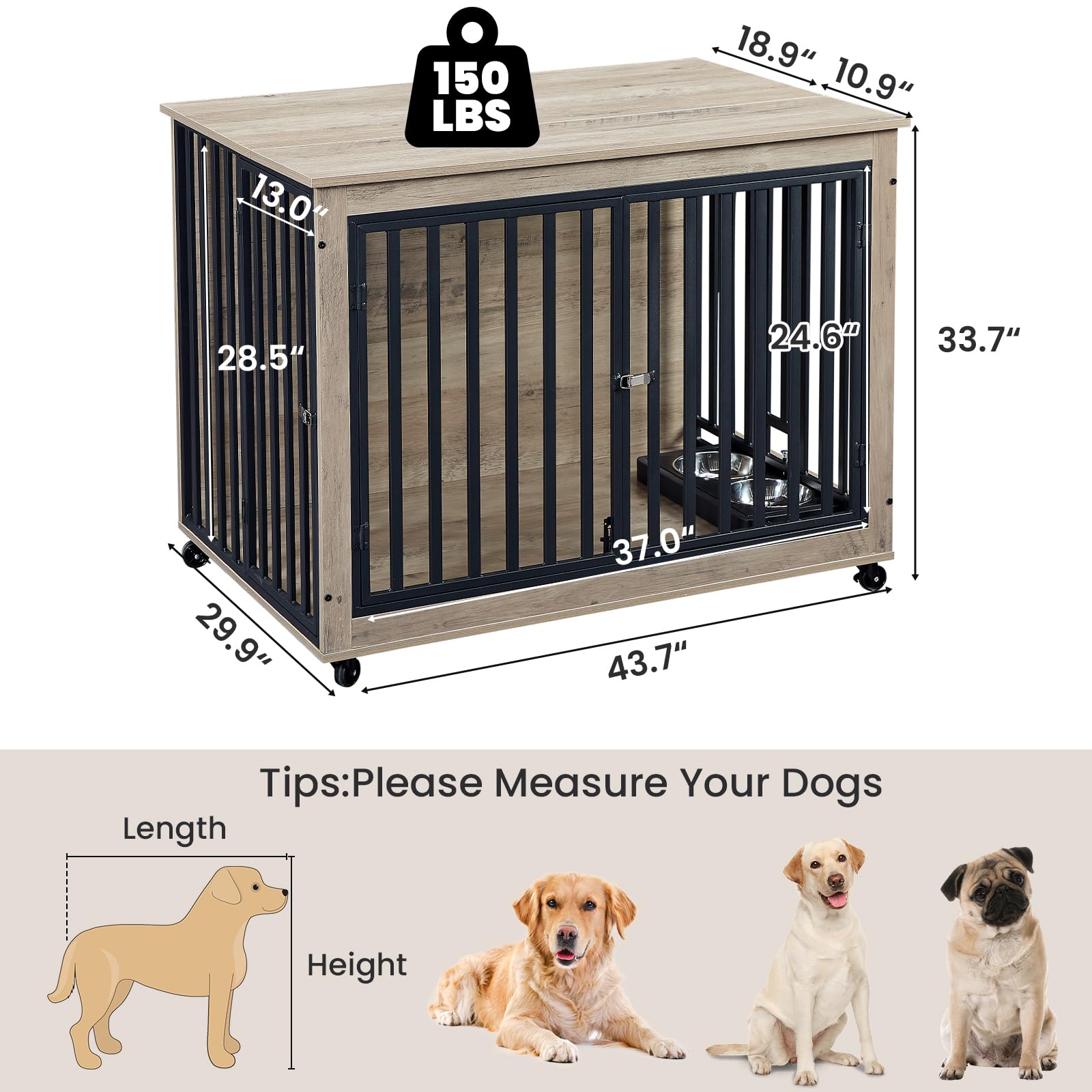 Rovibek 44 Inch Heavy Duty Dog Crate with Wheels & Removable Bowls - Indoor Kennel for Large & Medium Dogs, Flip-Up Top Opening, Grey - Perfect for Home, Travel & Vet Visits