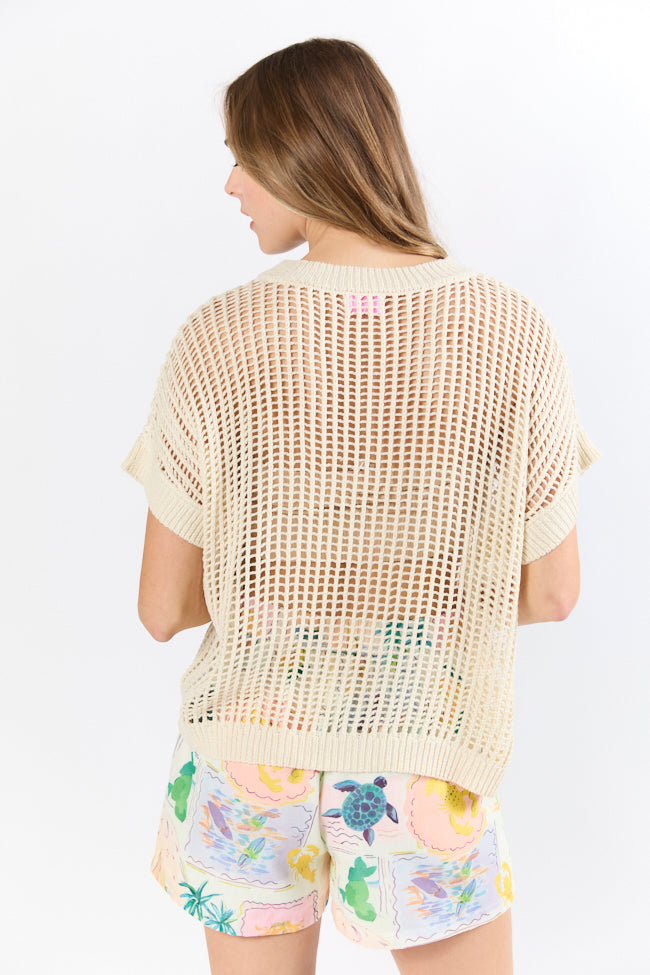 Wave Of Relief Beige Short Sleeve Open Knit Cover Up Sweater - Lightweight Summer Beach Cover Up, Boho Chic Loungewear for Women, Perfect for Poolside, Vacation & Casual Outings