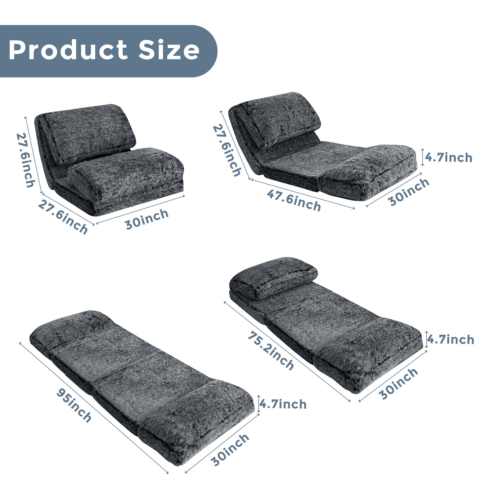 MAXYOYO Faux Fur Bean Bag Chair - Foldable Floor Sofa Bed with Foam Filling, Wall Couch Sleeper for Living Room, Bedroom & Dorm - Black (Perfect for Lounging, Gaming & Small Space Living)