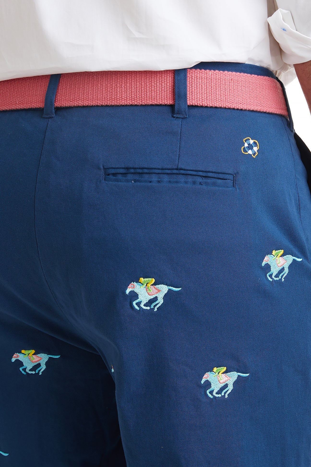 Cisco Short Stretch Twill Nantucket Navy with Racing Horses - Comfortable Casual Pants for Men | Perfect for Golf, Yachting & Outdoor Activities