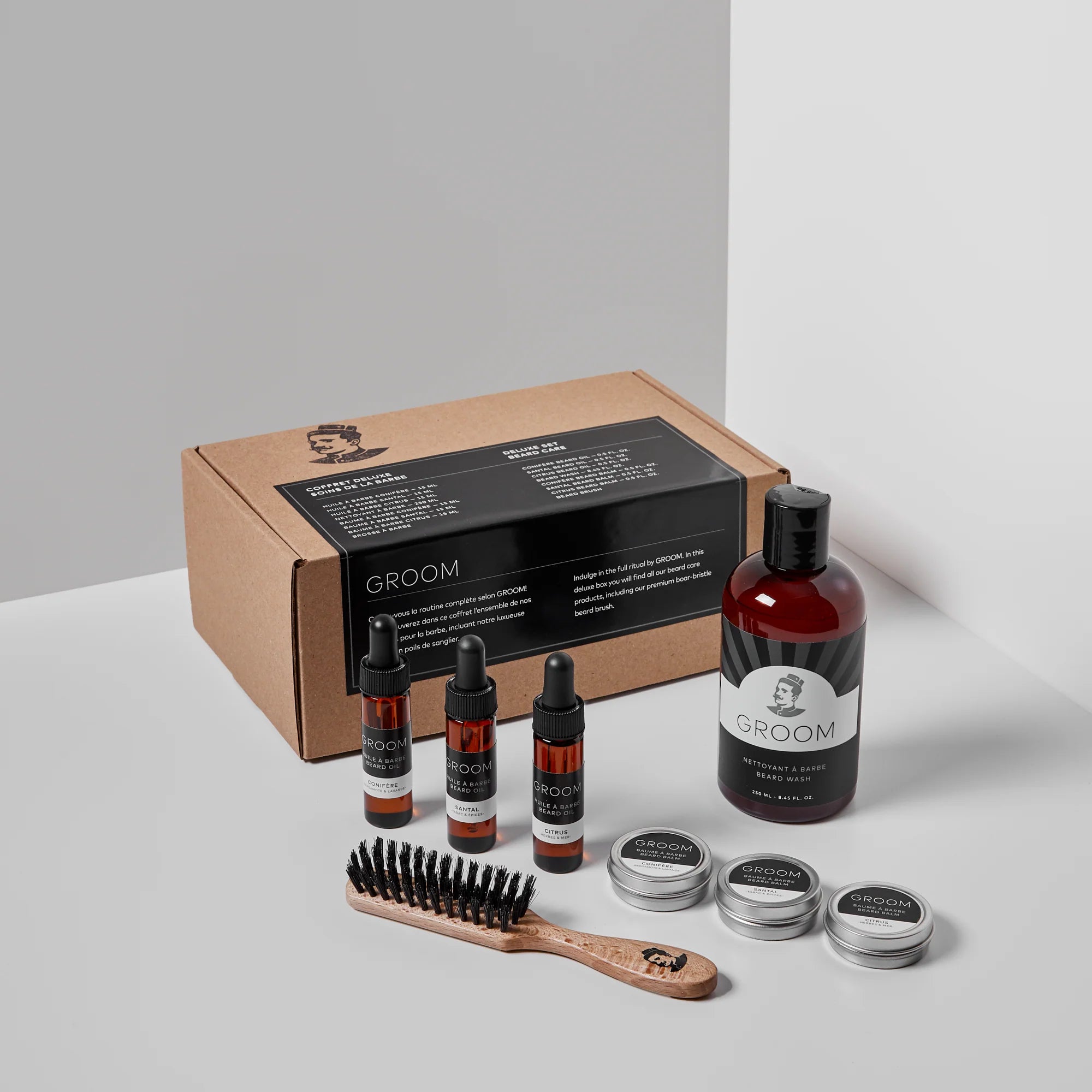 Premium Les Industries Groom Deluxe Beard Care Kit - Grooming Set for Men with Beard Oil, Balm & Brush - Perfect Gift for Father's Day & Men's Self Care Routine
