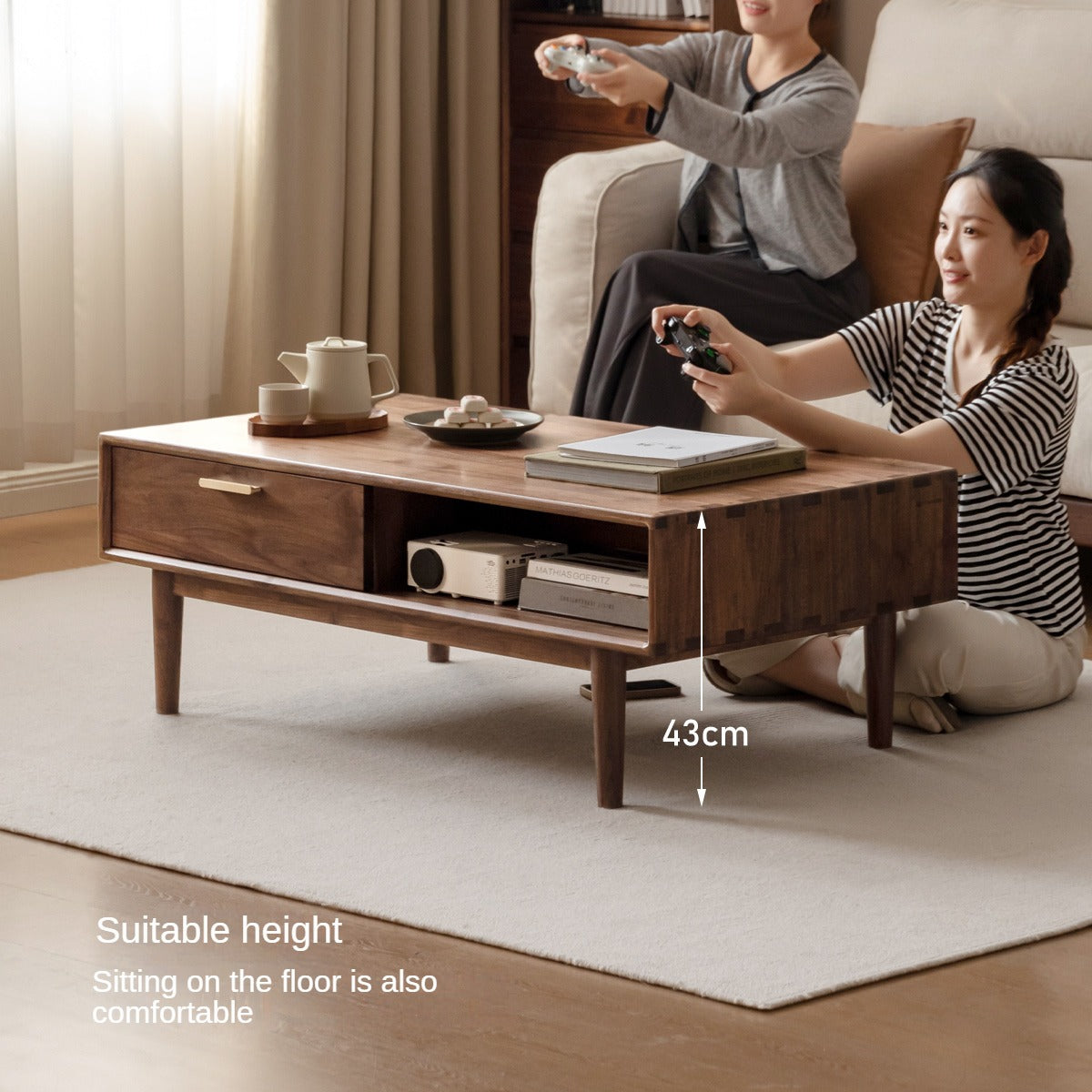 Solid Black Walnut Wood Storage Coffee Table with Rock Plate - Rustic Living Room Furniture for Home Decor & Organization