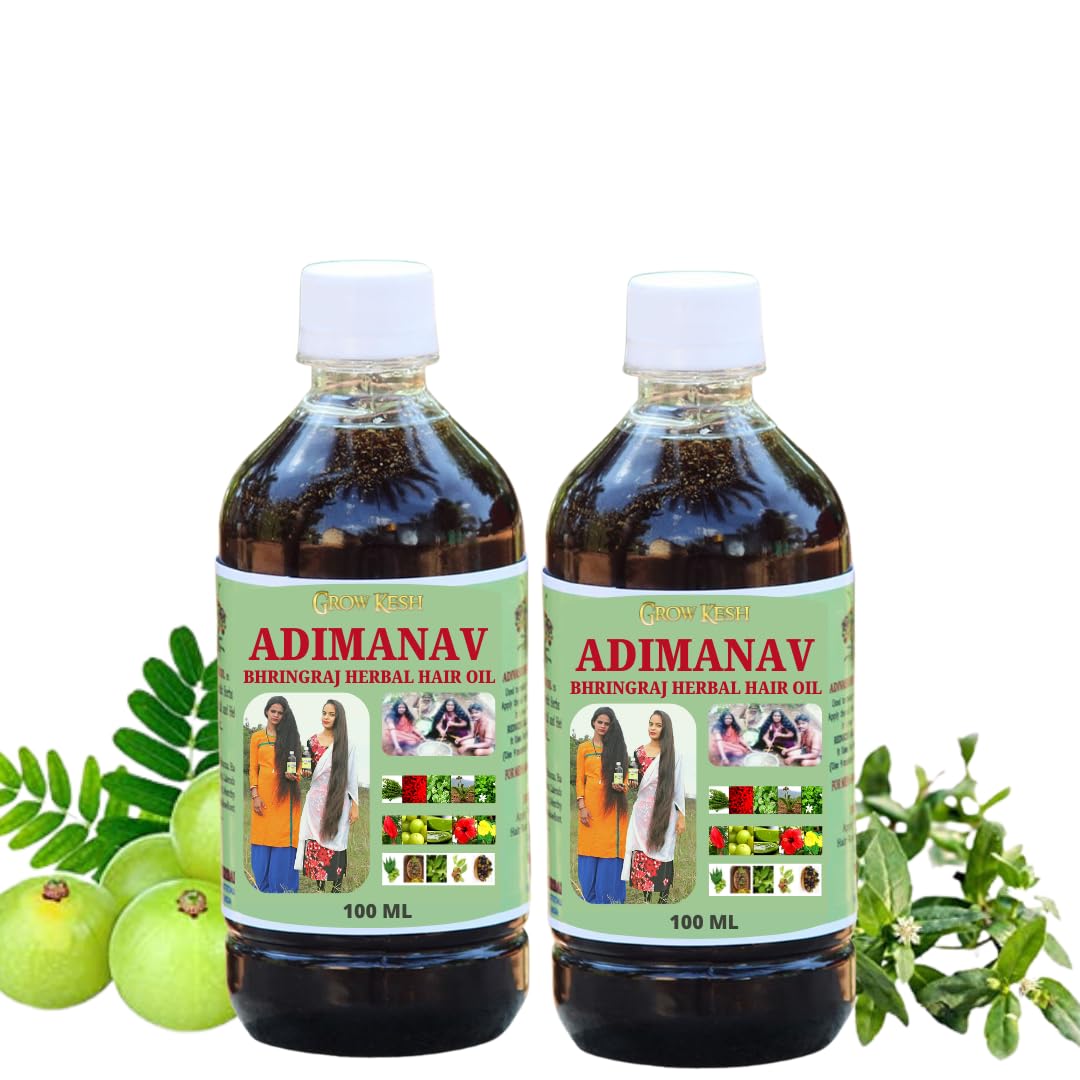 Growkesh Adimanav Bhringraj Herbal Hair Oil - 100% Pure & Natural Hair Growth Treatment for Men & Women | 200ml (Pack of 2) | Reduces Hair Fall, Promotes Thick & Long Hair | Perfect for Daily Scalp Massage & Ayurvedic Hair Care Routine