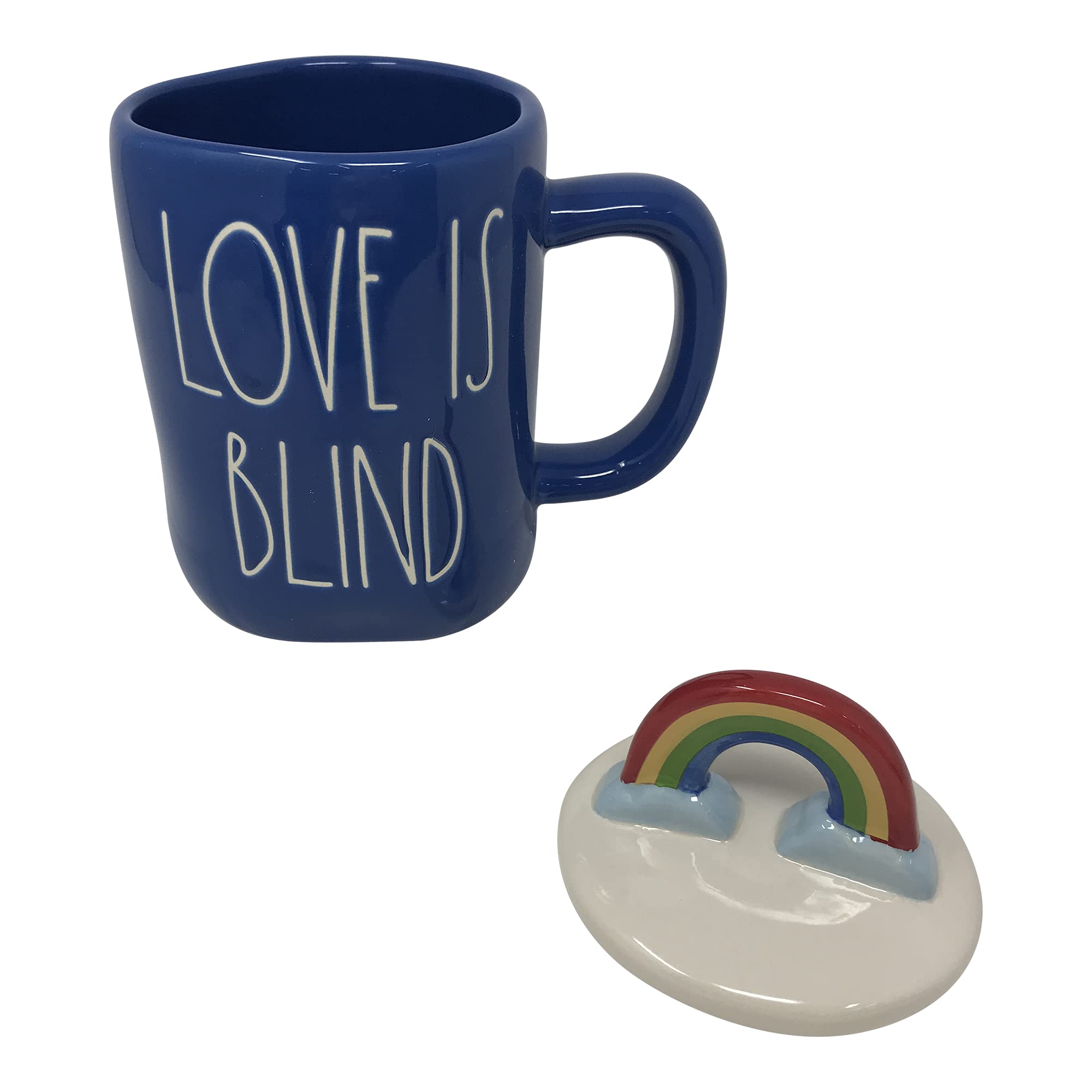 Rae Dunn Coffee Mugs with Decorative Ceramic Lids - Love is Blind & Blue Rainbow Design - Perfect for Home, Office, and Gift Giving