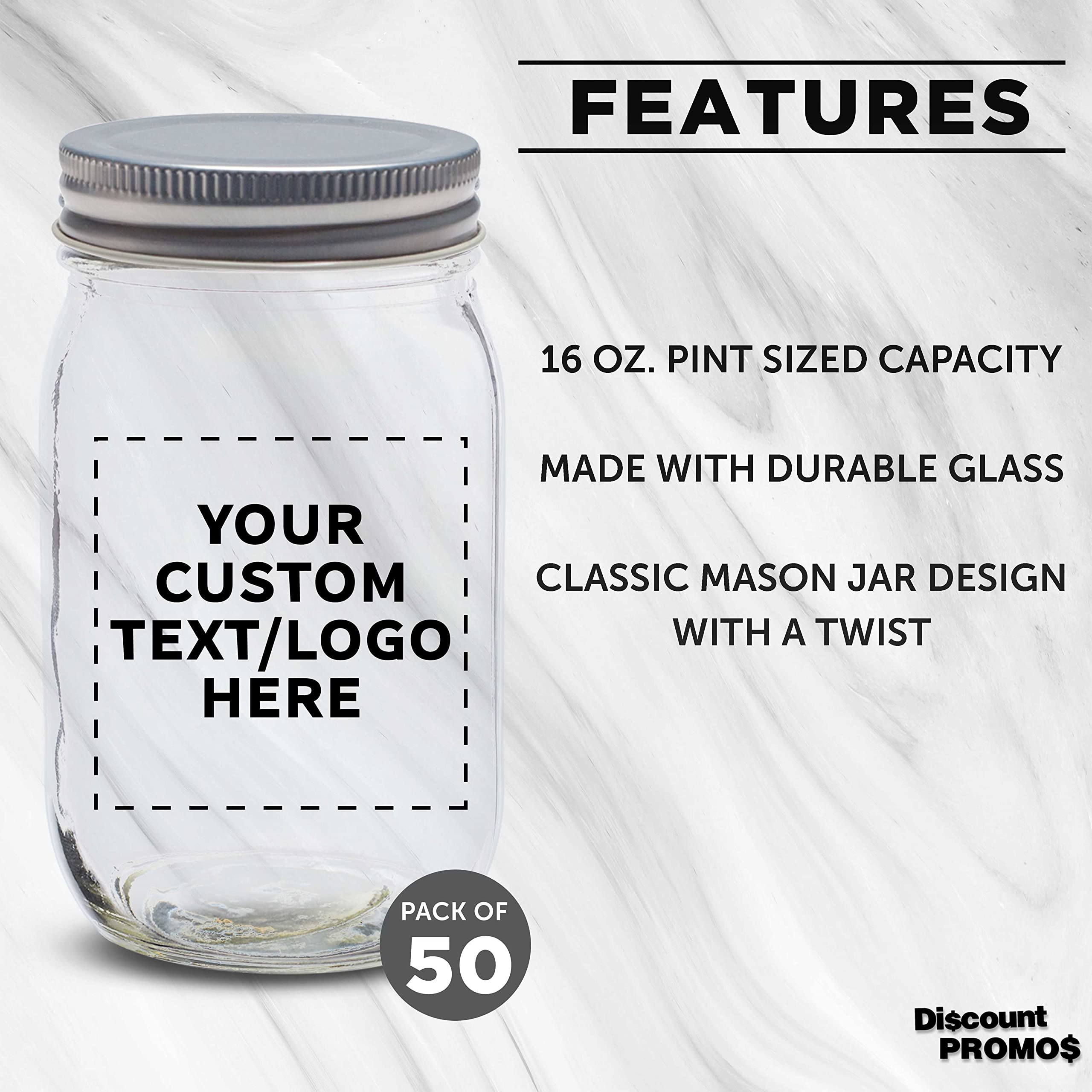 Custom 16 oz Mason Jars with Lids - Bulk Pack of 50 Glass Jars for Overnight Oats, Candies, Pickles & Spices - Personalized Clear Storage Containers - Perfect for Meal Prep, DIY Gifts & Pantry Organization