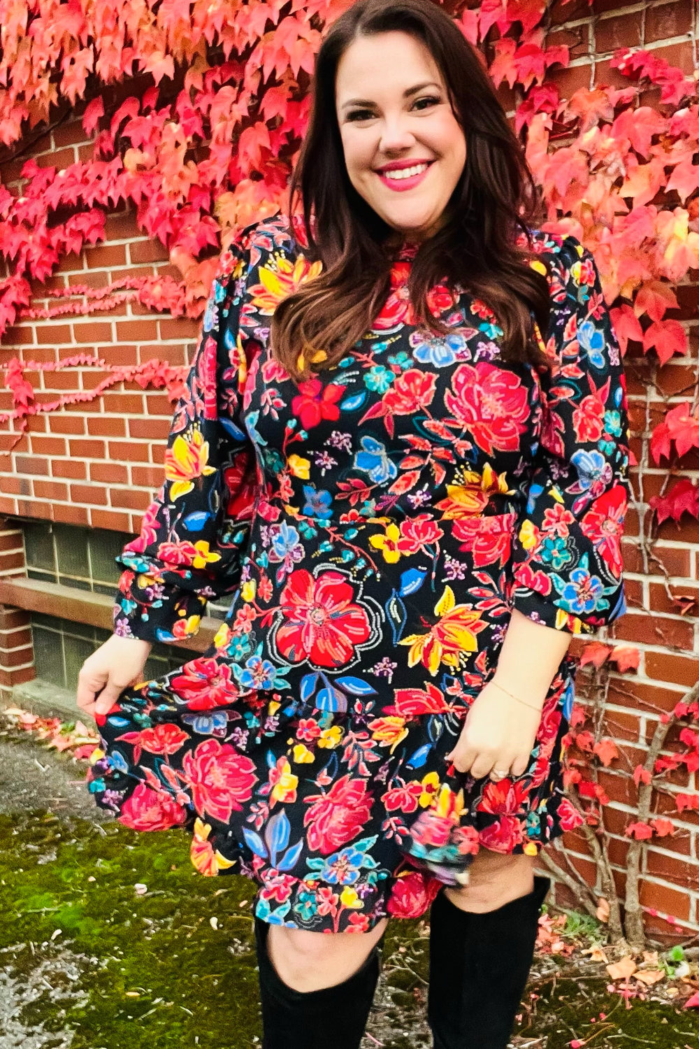 Elegant Black Floral Sequin Print Ruffle Sleeve Mock Neck Dress for Women - Perfect for Cocktail Parties, Date Nights & Special Occasions