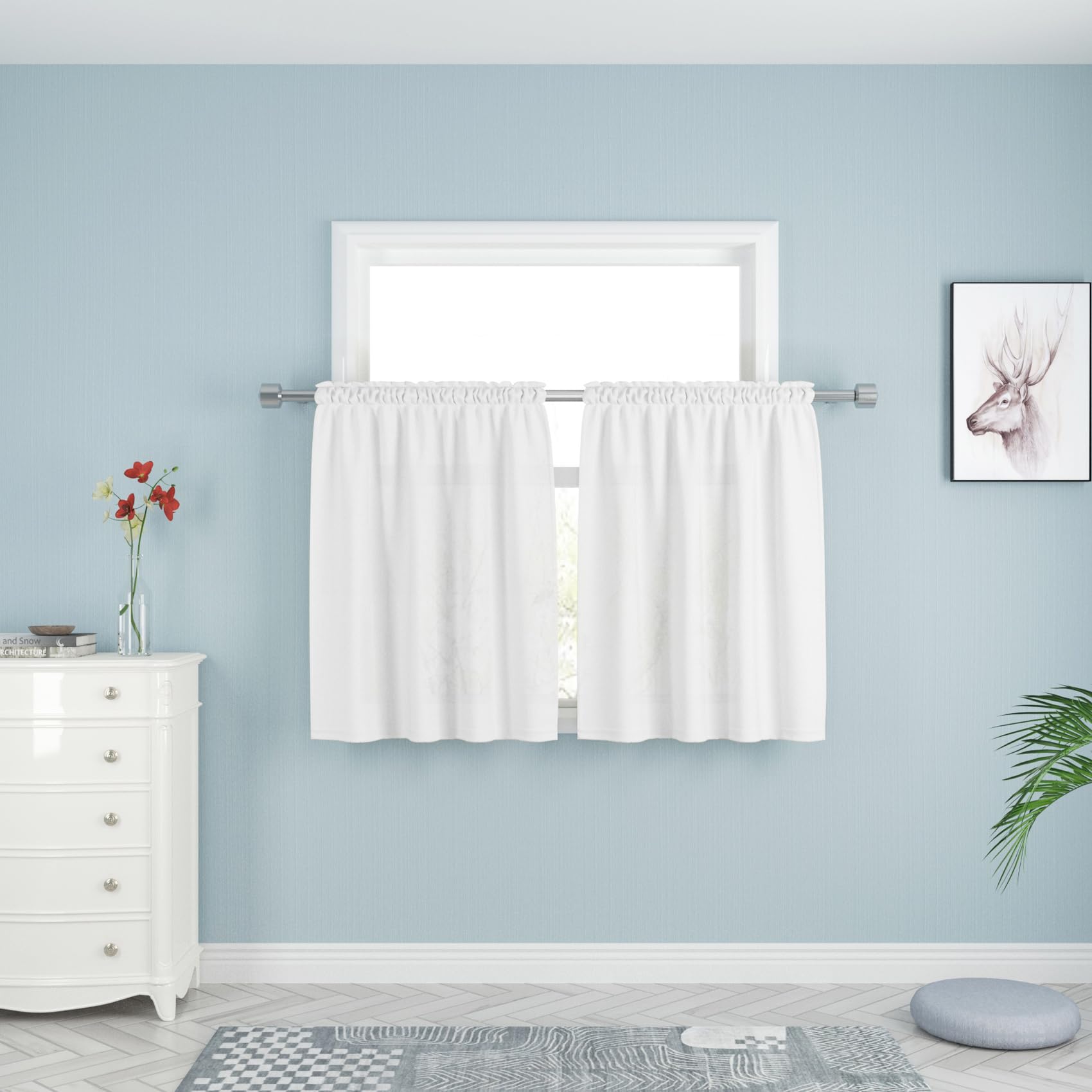 White Linen Textured Short Curtains for Kitchen & Bathroom - 2 Panels, 27