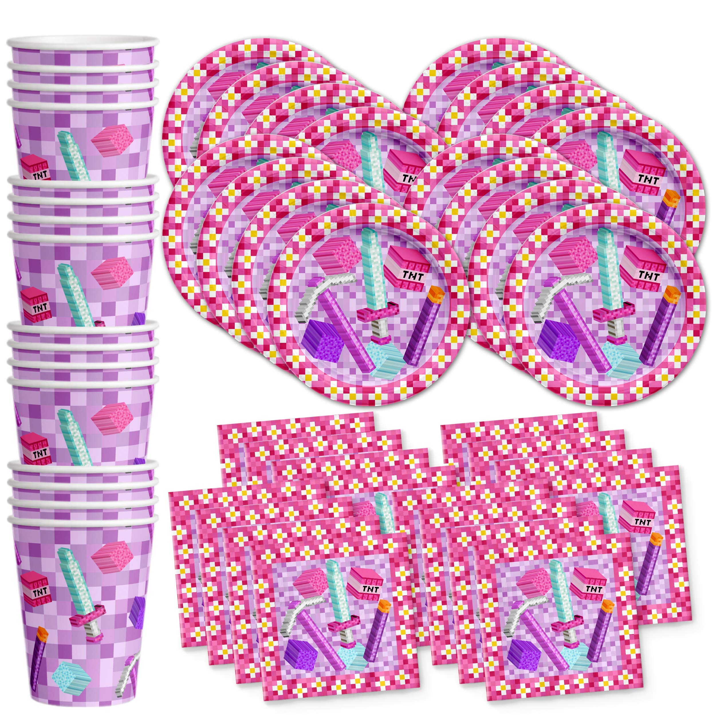 Girl's Pixel Mining Theme Birthday Party Supplies Set - 16-Piece Tableware Kit with Plates, Napkins & Cups - Perfect for Kids' Birthday Celebrations & Themed Parties