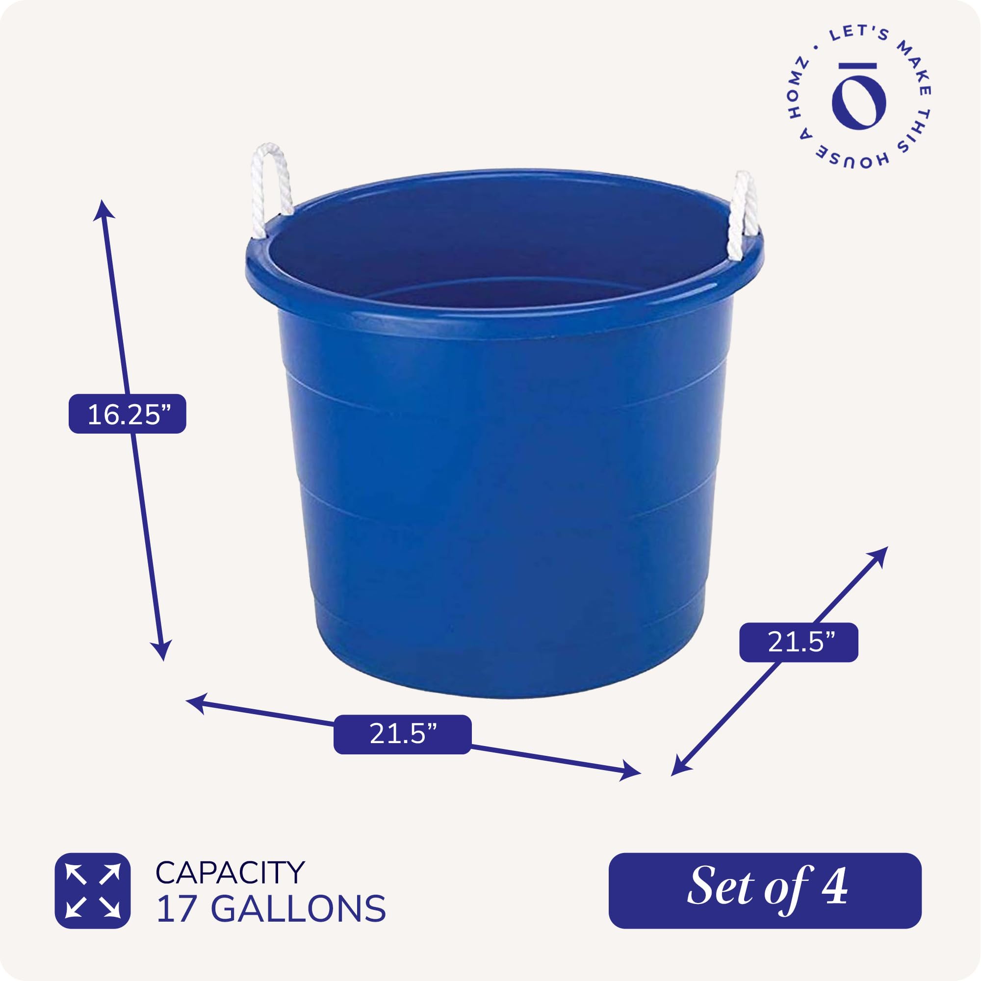HOMZ 4-Pack 17 Gallon Large Plastic Storage Buckets with Rope Handles - Heavy Duty Utility Tubs for Home Organization, Cleaning Supplies, Laundry, and Outdoor Activities (Blue)