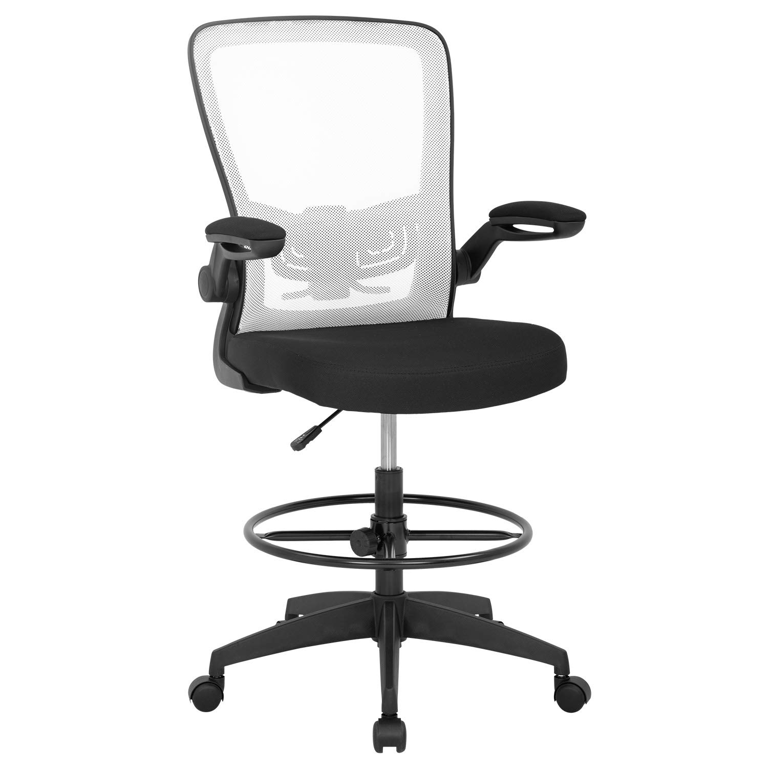 Ergonomic Drafting Chair - Adjustable Height Office Chair with Lumbar Support, Arms & Footrest - White Mesh Swivel Rolling Stool for Standing Desks - Perfect for Architects, Artists & Home Office Workspaces