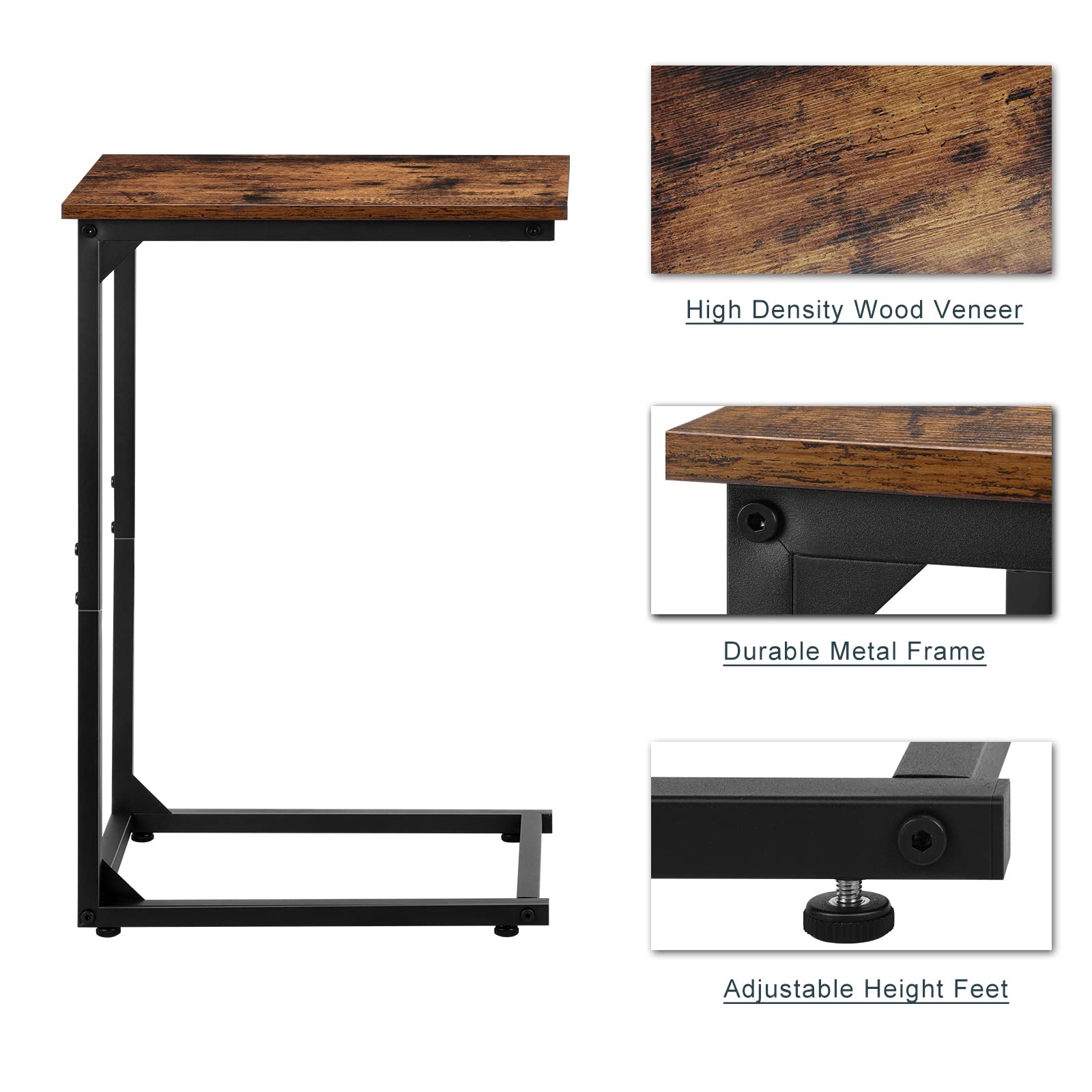 Rustic Brown C-Shaped Side Table Set of 2 - Sofa End Table for Living Room & Bedroom - Perfect for Small Spaces, Reading Nooks, and Coffee Table Alternatives