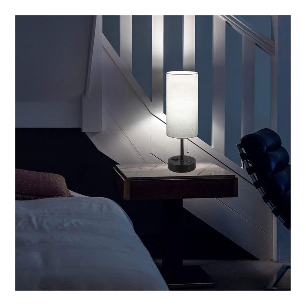 Modern Round Fabric Shade Bedside Table Lamp with 3-Way Dimmable Touch Control, USB-C Charging Port & AC Outlet - Nightstand Lamp for Bedroom, Living Room, Office Desk (Size A2) | Perfect for Reading, Working & Creating Cozy Ambiance