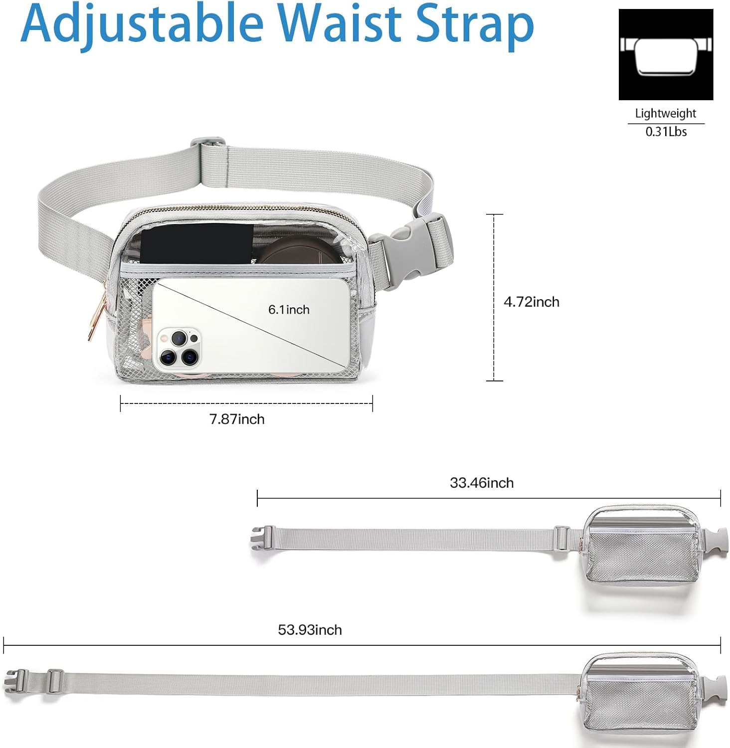 Waterproof Clear Fanny Pack with Adjustable Strap - Stadium Approved Waist Bag for Concerts, Festivals, Hiking & Travel (Grey) - Perfect for Outdoor Events & Security Checks