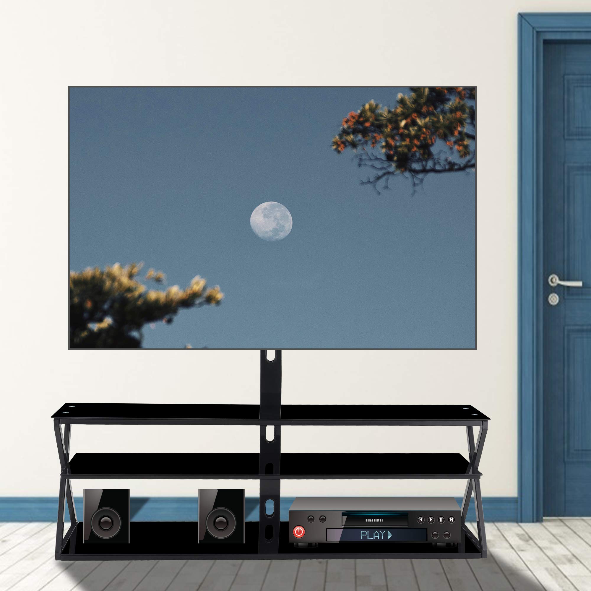 Universal Black Tempered Glass TV Stand with Swivel & Height Adjustment - Modern Floor Entertainment Center for Living Room, Bedroom & Home Theater