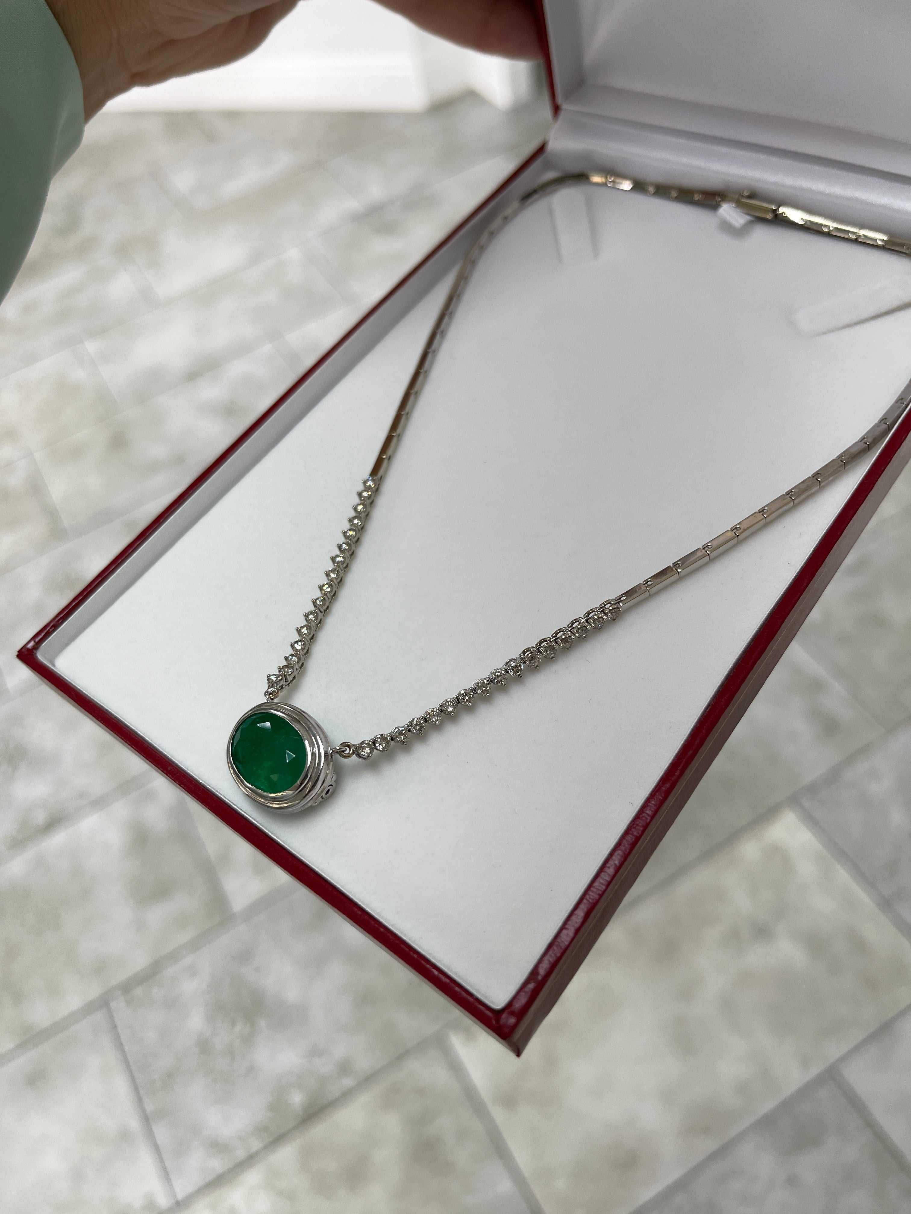 10.83tcw Oval Emerald & Diamond Statement Necklace in 14k Gold - Elegant Hepburn Style Jewelry for Weddings, Parties & Special Occasions