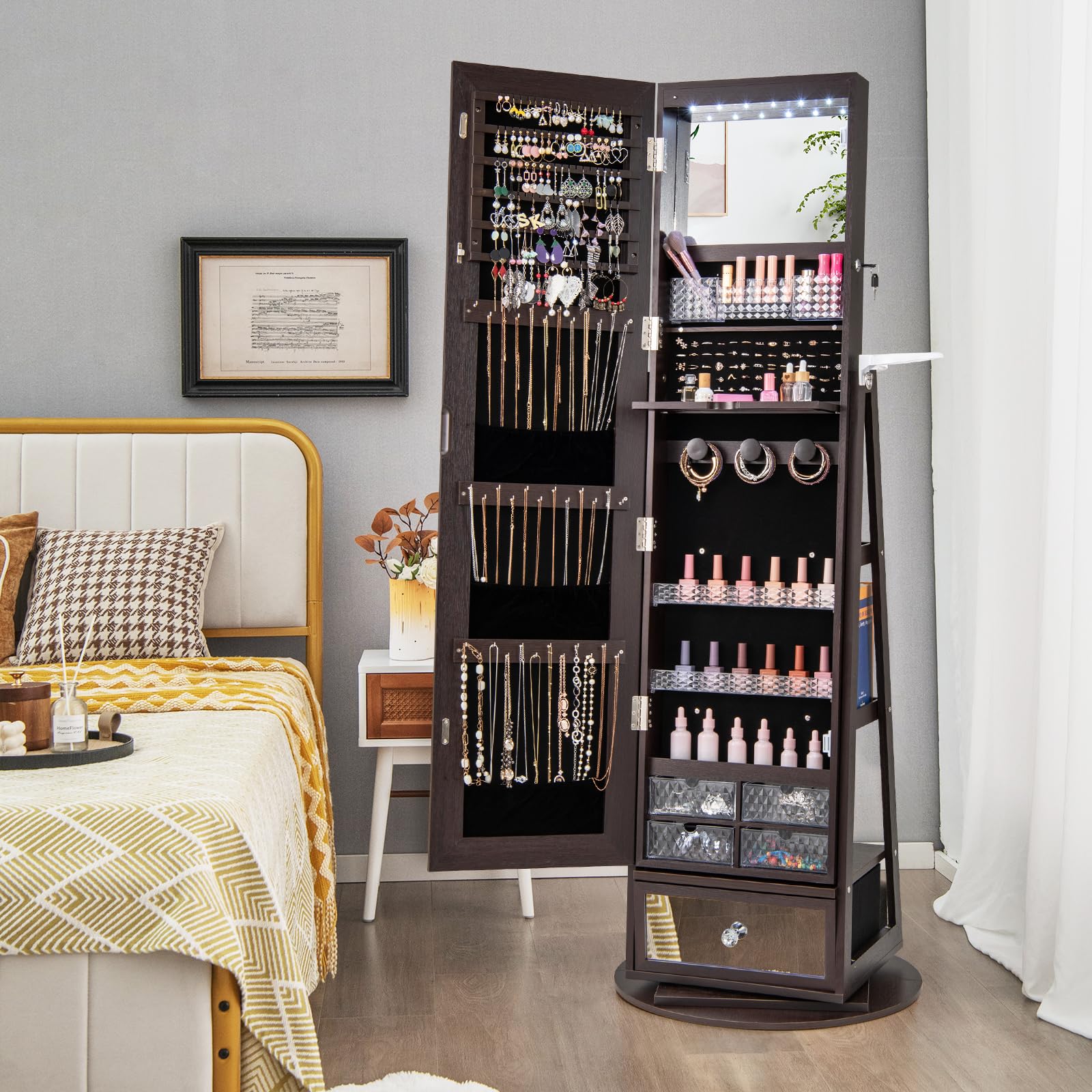 CHARMAID 360° Swivel Jewelry Cabinet Armoire with Full Length Mirror - 64.5