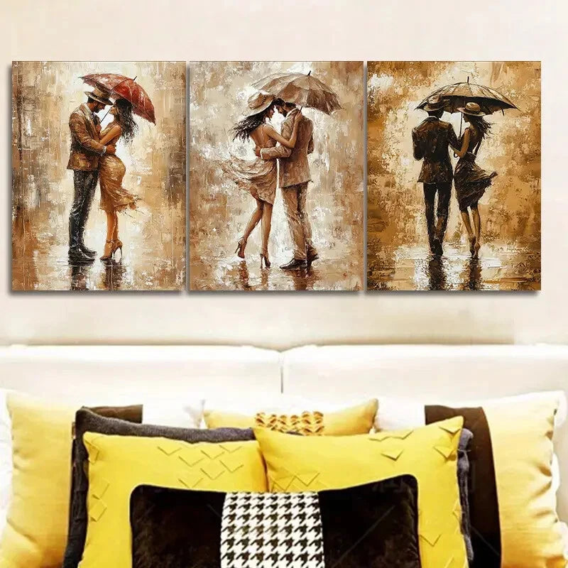 3pcs Romantic Couple Walking in the Rain Metal Wall Art - Ready to Hang Home Decor for Living Room, Bedroom & Office