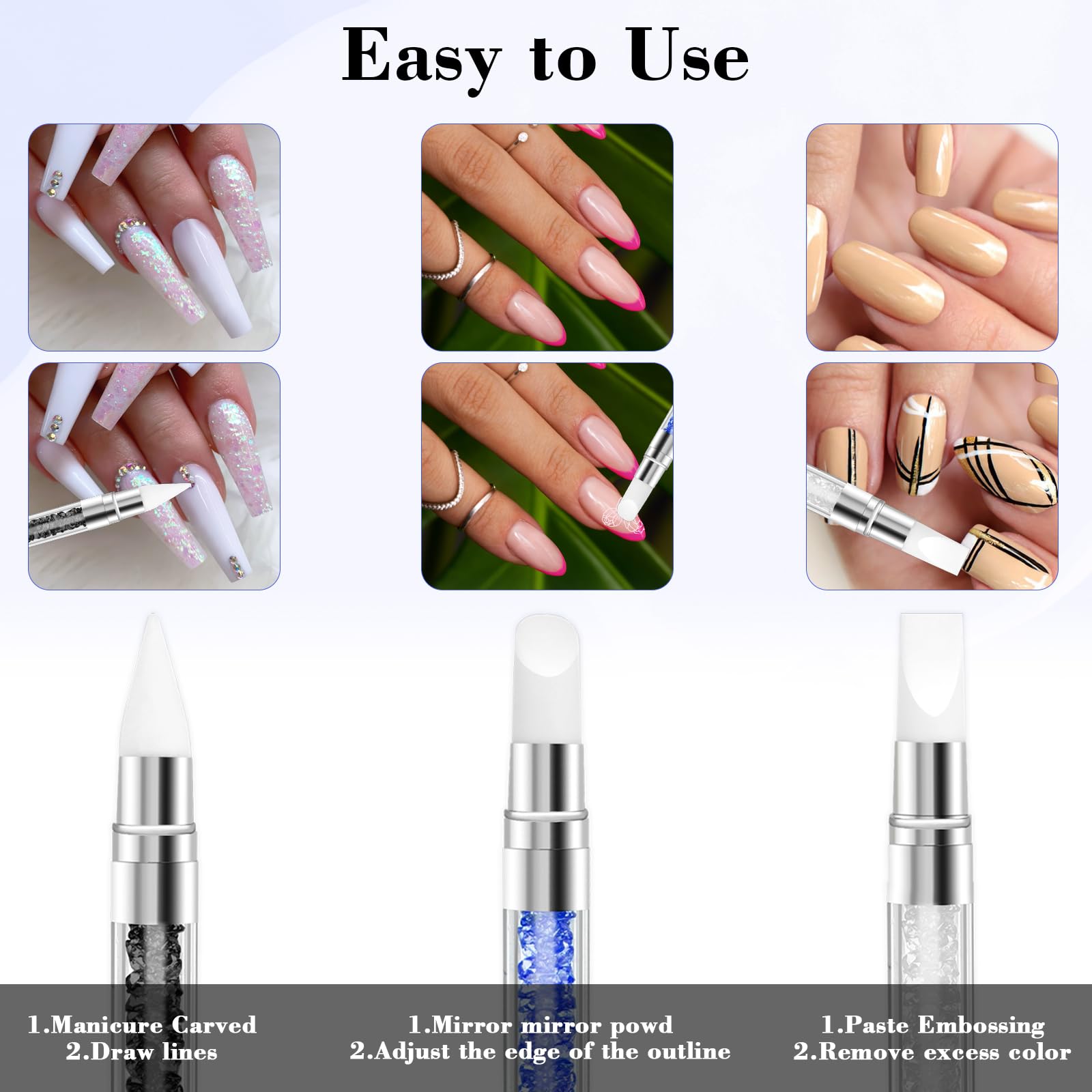 3PCS Silicone Nail Brush Set - Dual Tipped Nail Art Tools for Sculpting, Rhinestone Application & 3D Gel Design | Professional Nail Foil Drawing & Shaping Kit for Home & Salon Use