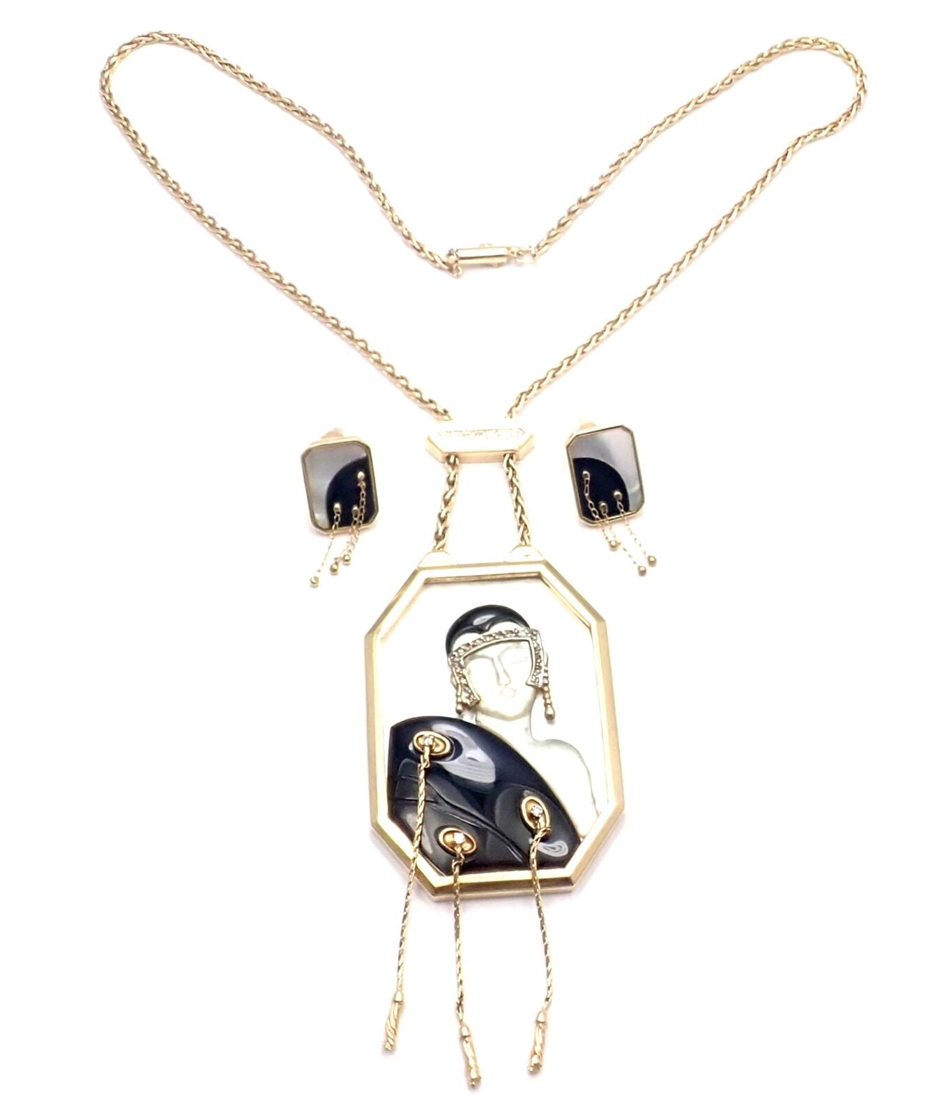14k Yellow Gold Diamond Onyx Mother of Pearl Necklace & Earrings Set for Women - Elegant Jewelry Gift for Wedding, Anniversary & Special Occasions