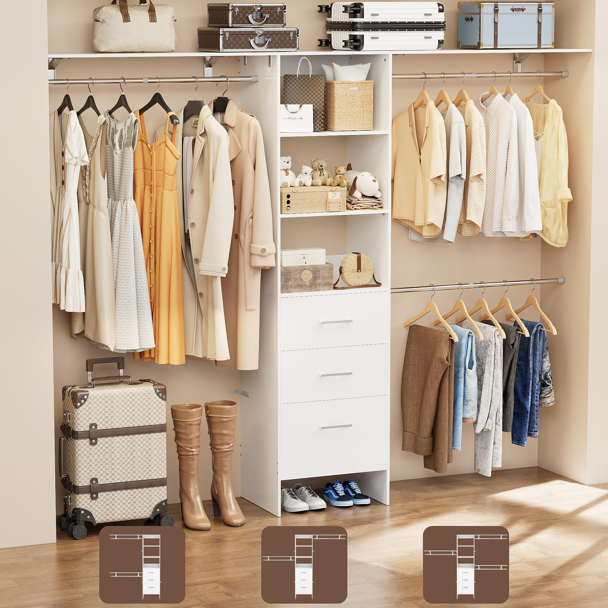 8FT Walk-In Closet Organizer System with 3 Shelving Towers & Drawers - 96