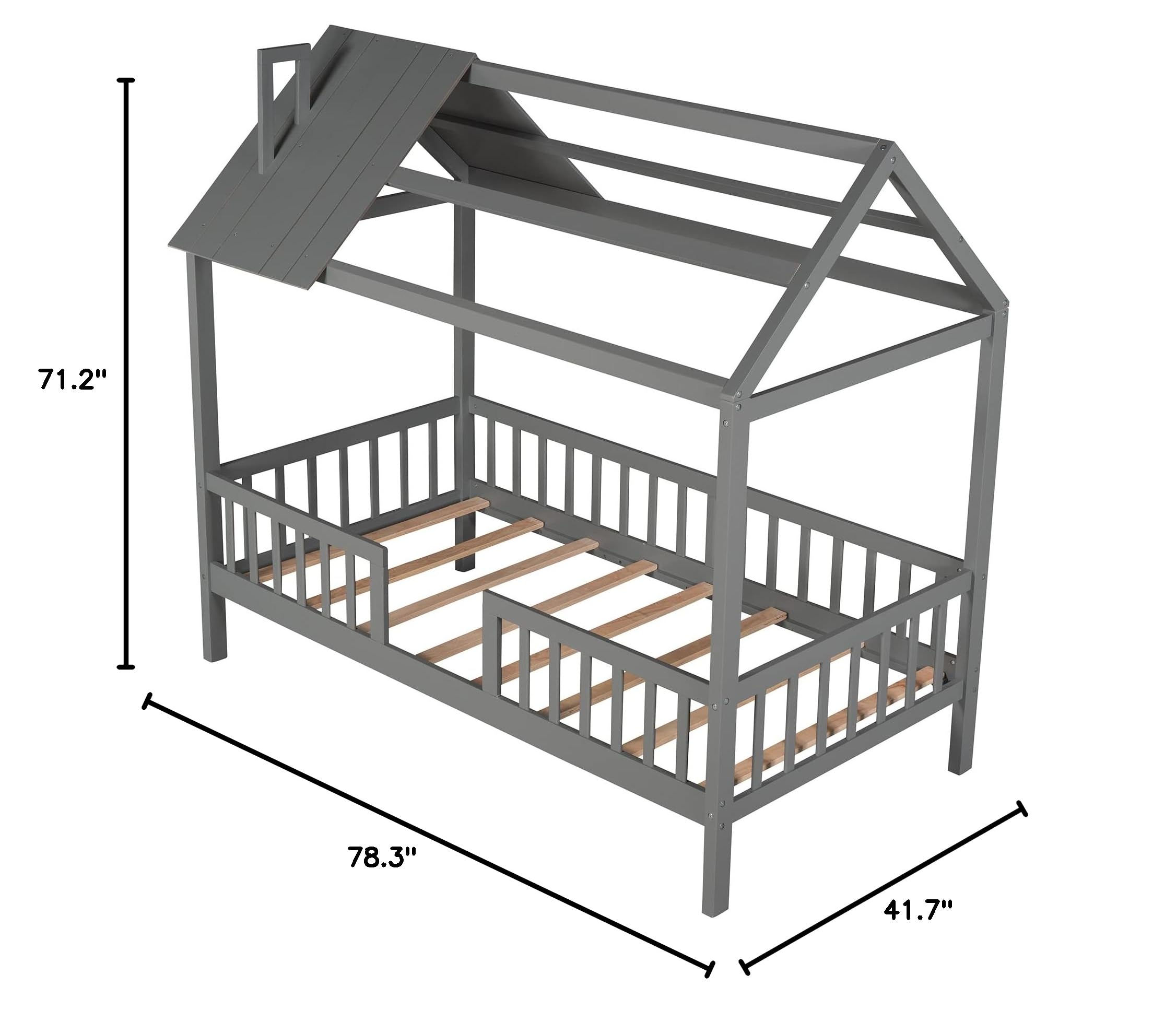 HomSof Twin Size Wooden House Bed with Safety Fence - Grey - Perfect for Kids' Bedroom, Playroom & Nursery Decor