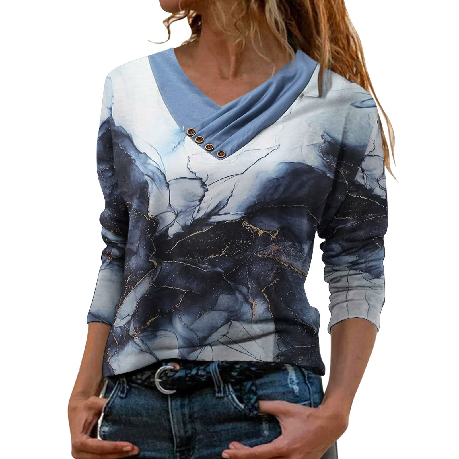 Women's V-Neck T-Shirt - Fashion Printed Casual Top with Cross V-Neck Buttons | Athletic Dry Fit Shirt for Women | Perfect for Workouts, Yoga & Everyday Wear