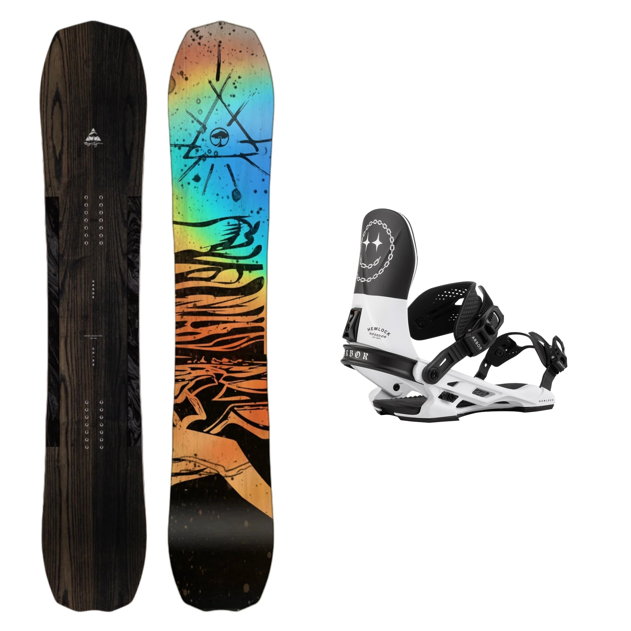**Arbor Bryan Iguchi Pro Camber Snowboard with Hemlock Boss Dog Bindings 2025 - All-Mountain Freestyle Snowboard for Powder & Park Riding**