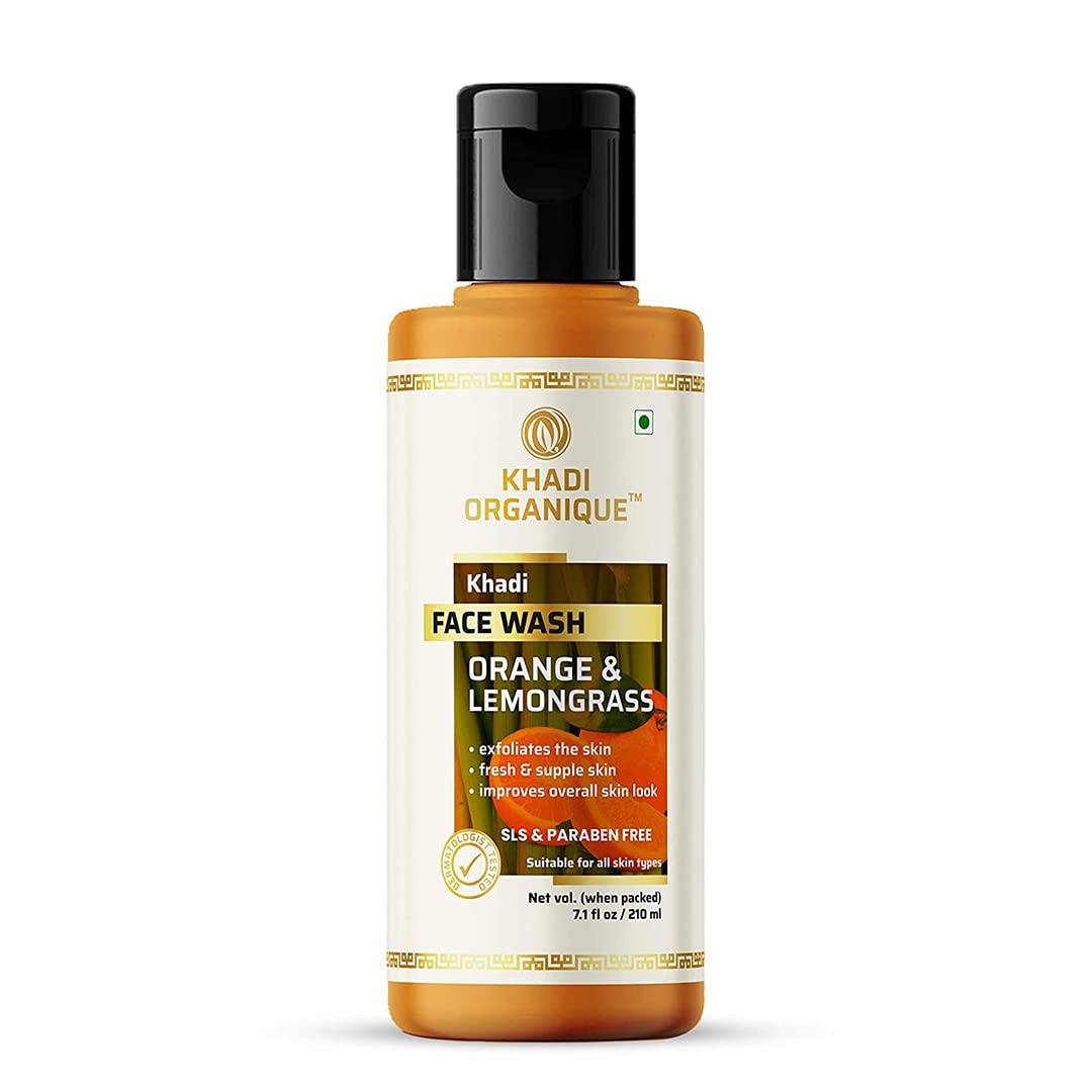 Khadi Organique Orange & Lemongrass Face Wash for Glowing Skin - 210ml | Natural Cleanser for Oily & Acne-Prone Skin | Morning & Night Skincare Routine