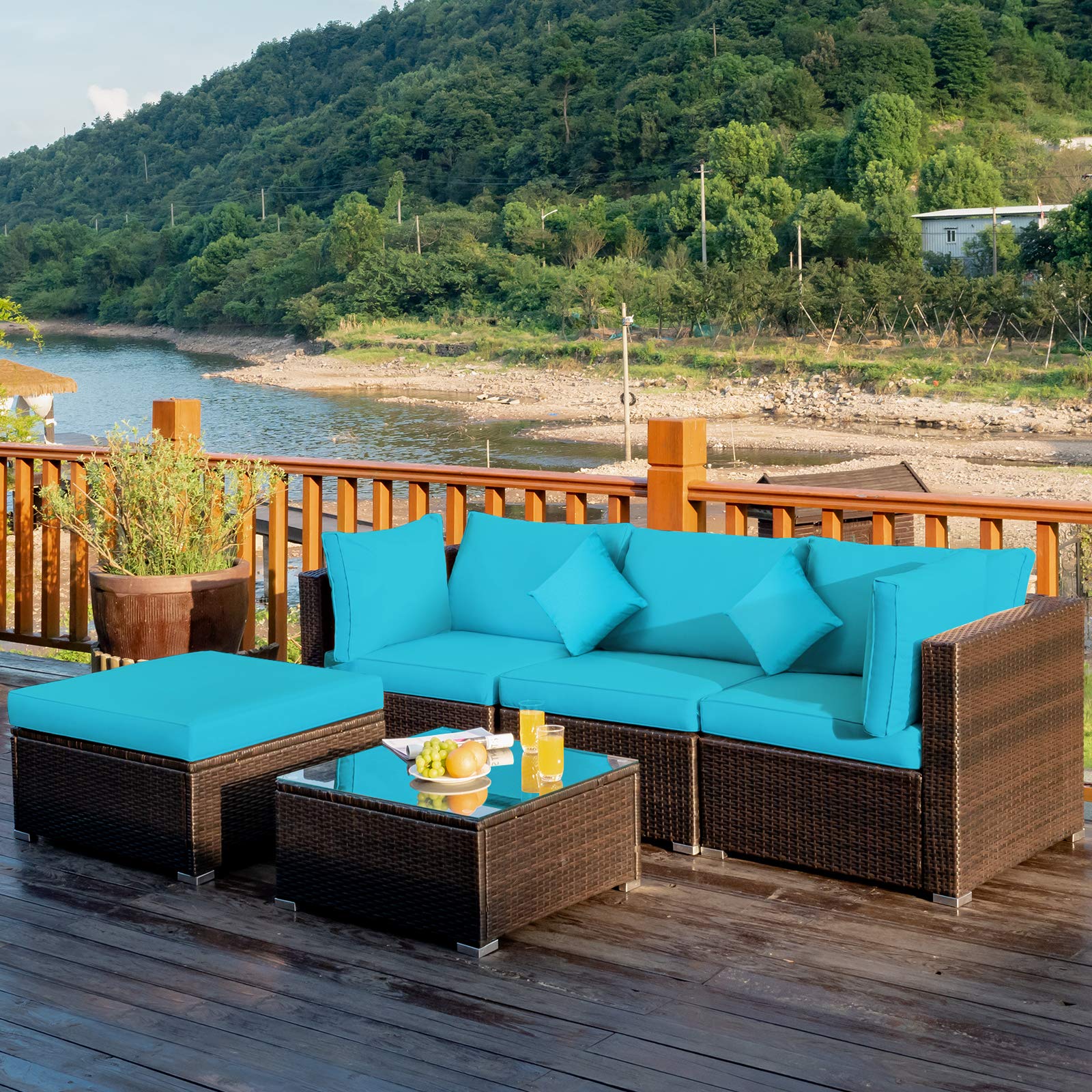 Tangkula 5-Piece Outdoor Patio Furniture Set - All-Weather Wicker Sectional Sofa with Cushions & Glass Table - Turquoise Rattan Conversation Set for Backyard, Porch, Poolside & Garden Relaxation