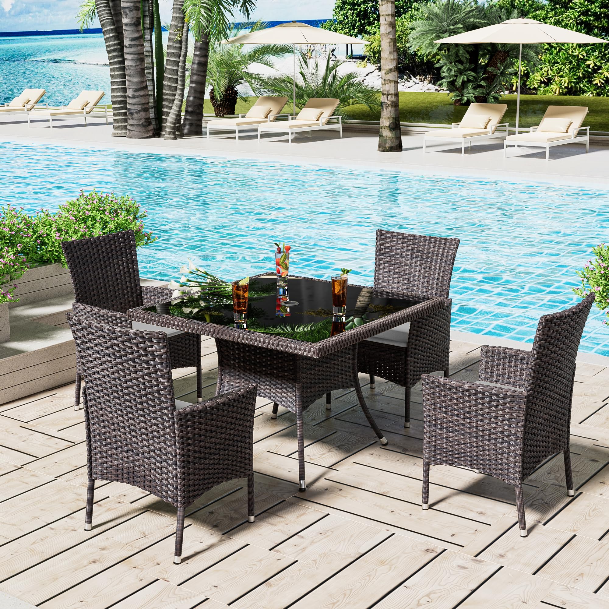5-Piece Rattan Wicker Dining Set for 4 with Glass Top Table & Umbrella Hole - Indoor Outdoor Patio Furniture for Backyard, Garden, Poolside & Kitchen (Gray) - Perfect for Al Fresco Dining & Entertaining
