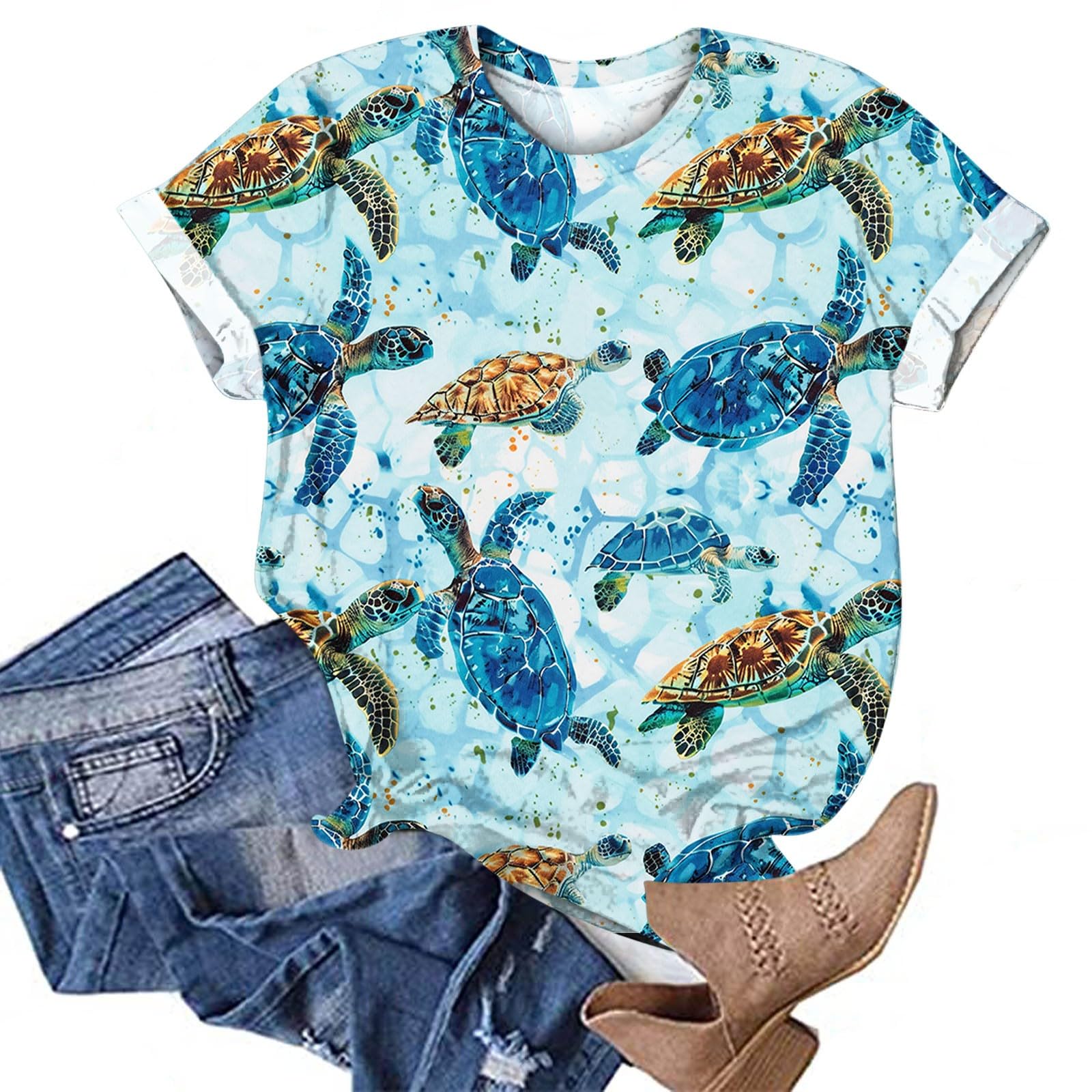 Women's Sea Turtle Graphic T-Shirt - Funny Animal Print Short Sleeve Summer Top - Loose Fit Casual Tee for Beach Vacation, Eco-Friendly Outing & Everyday Wear