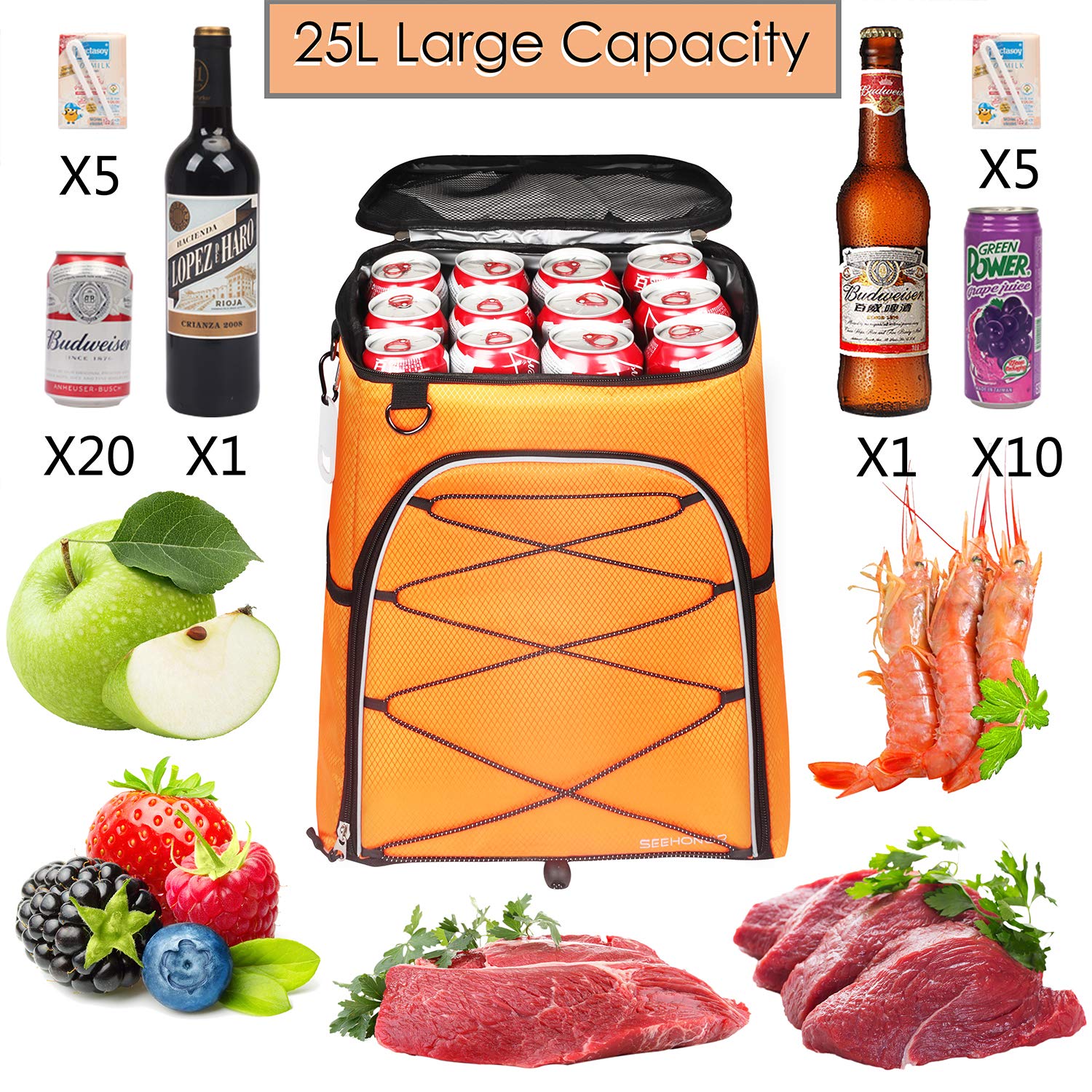 SEEHONOR Insulated Cooler Backpack - Leakproof & Lightweight Soft Cooler Bag for Lunch, Picnics, Fishing, Hiking, Camping, Beach & Outdoor Activities (Holds 25 Cans) - Perfect for Work, Travel & Adventure