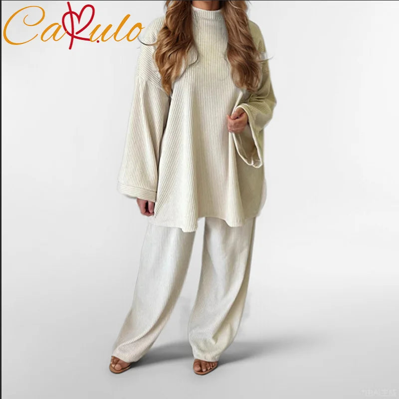Women's Autumn Winter Corduroy Pants Set - Loose Fit Long Sleeve Wide Leg Two Piece Outfit for Casual Wear & Office Commuting
