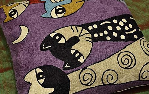 Hand Embroidered Abstract Cat Pillow Cover - 18x18 Inch Purple Picasso Cat Face Cushion | Soft Wool Kitty Accent Pillow for Sofa & Bed | Perfect Gift for Cat Lovers | Home Decor & Cozy Living Room Accessory