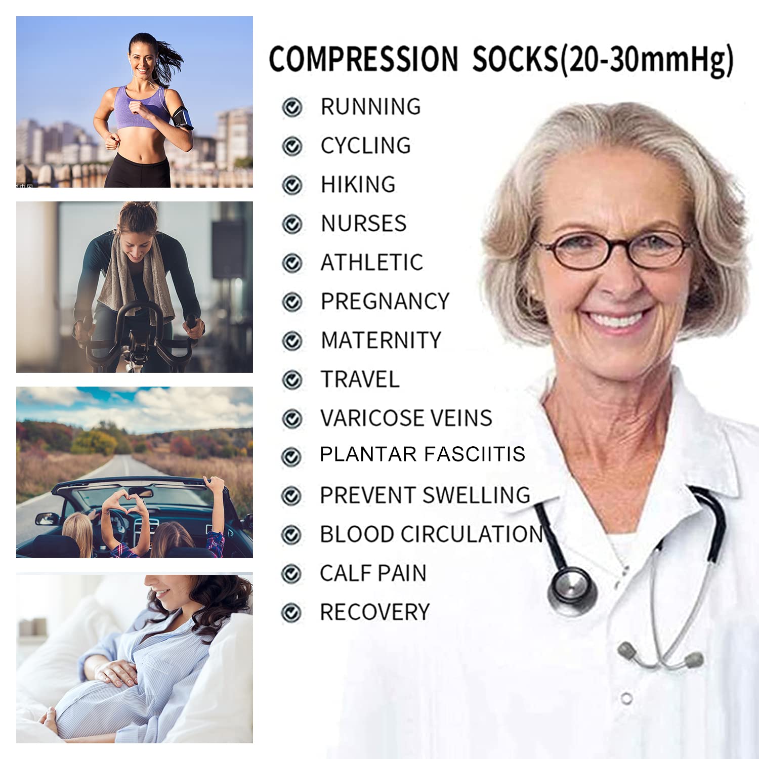 Junely 20-30 mmHg Compression Socks for Women - Knee High Support Socks for Circulation, Nurses, Pregnancy, Running & Travel - Ideal for Sports, Work & Long Flights