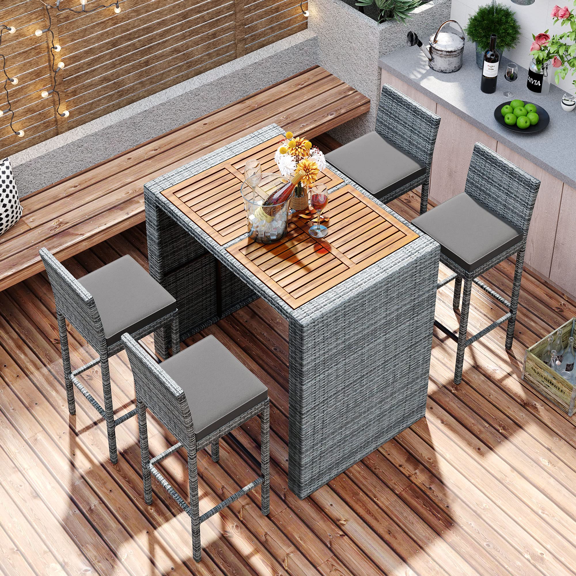 5-Piece Outdoor Patio Rattan Counter Height Dining Set - All-Weather Wicker Bar Table & Chairs with Acacia Wood Table Top & Removable Cushions - Perfect for Backyard, Garden, Poolside & Restaurant Outdoor Seating