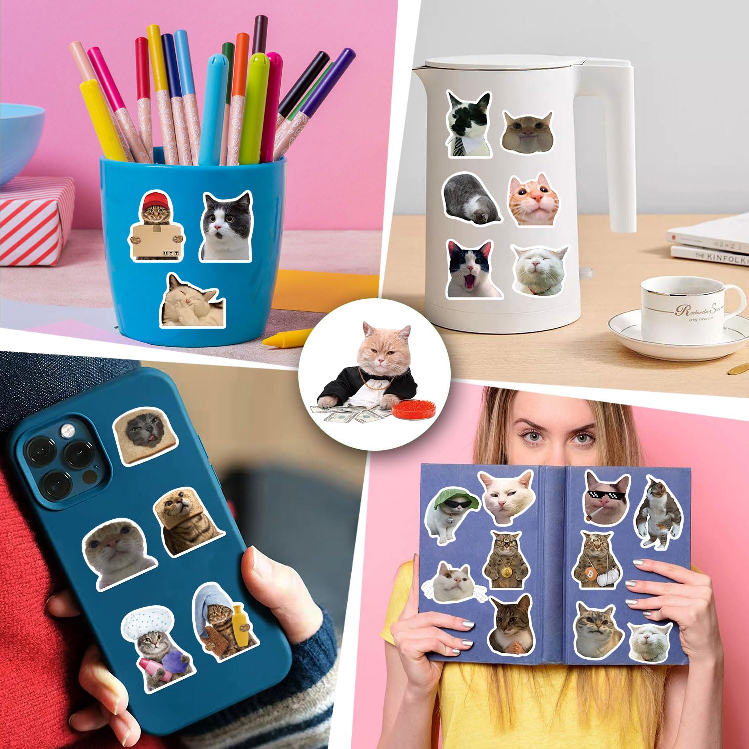 100pcs Kawaii Cat Meme Stickers - Funny Crying Cat & Sad Cat Meme Vinyl Waterproof Decals - Aesthetic Stickers for Water Bottle, Laptop, Skateboard, Phone, Guitar - Perfect for DIY Crafts, School Supplies & Gift Giving